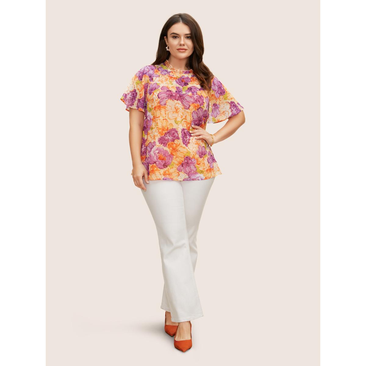 Plus Size Multicolor Mock Neck Contrast Floral Flutter Sleeve Blouse Women Elegant Short sleeve Mock Neck Everyday Blouses BloomChic 18-20/2X Product Image