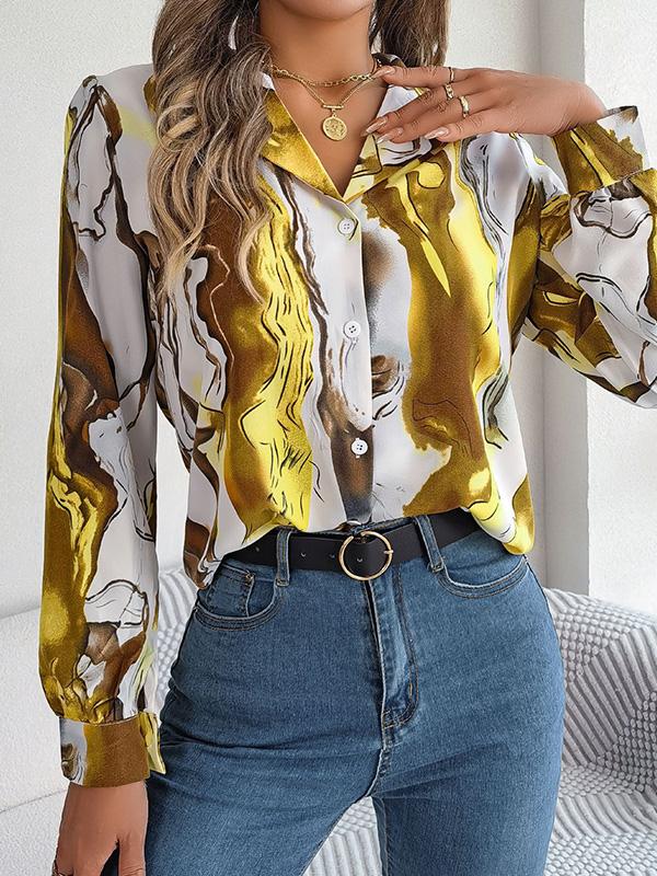 Long Sleeves Loose Buttoned Printed Notched Collar Blouses&Shirts Tops Product Image