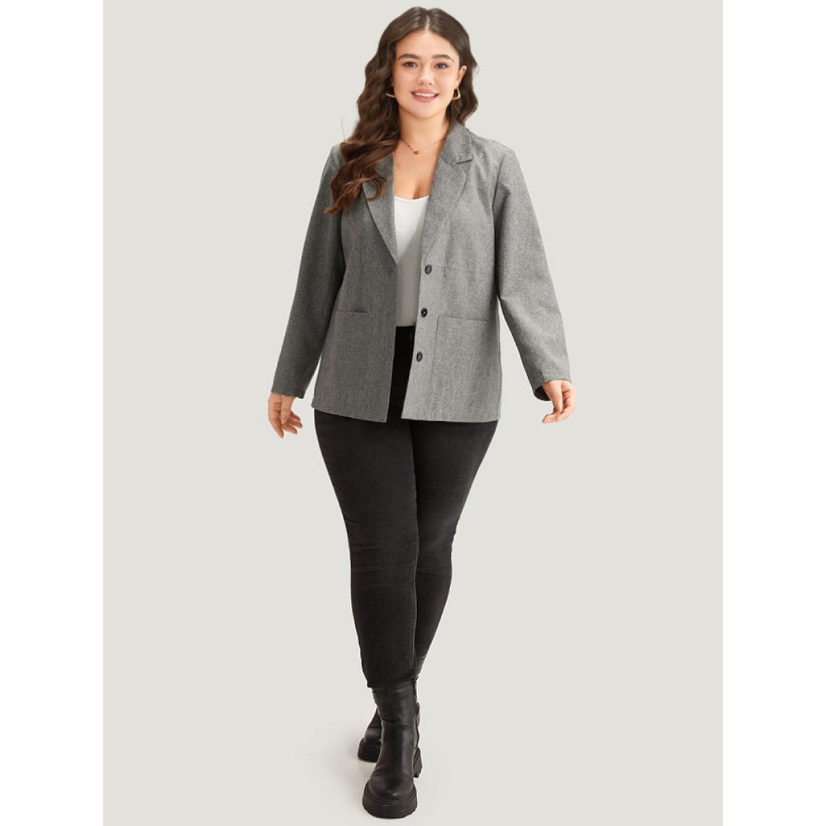 Plus Size Solid Suit Collar Patched Pocket Blazer DimGray Women Dailywear Plain Plain Sleeve Long Sleeve Suit Collar 18-20/2X Pocket Casual Blazers BloomChic Product Image