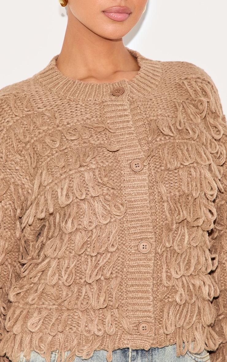 Taupe Loop Knit Crew Neck Button Up Cardigan Product Image