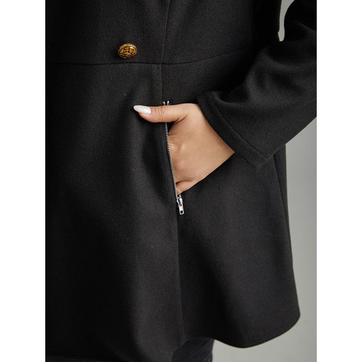 Plus Size Lapel Collar Metal Detail Zipper Pocket Coat Women Black Casual Plain Ladies Dailywear Winter Coats BloomChic 14-16/1X Product Image