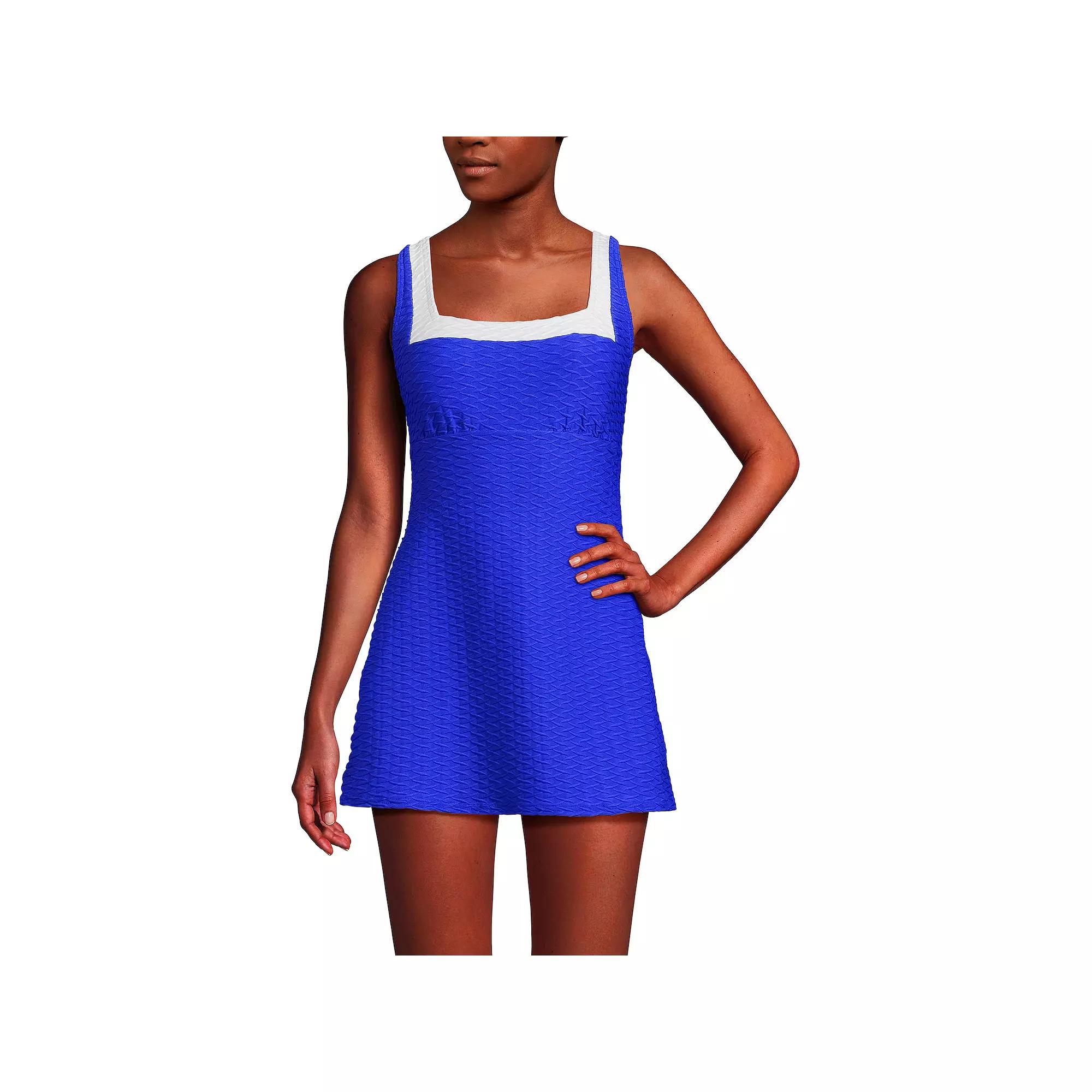 Women's Lands' End Square Neck Textured Swim Dress, Size: Medium, Electric Blue White Product Image