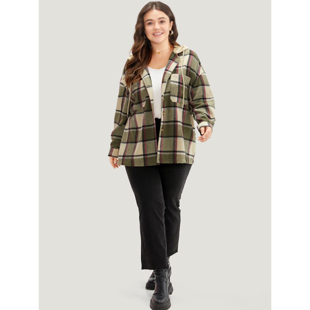 Plus Size Plaid Hooded Drawstring Pocket Coat Women Multicolor Contrast Pocket Dailywear Jackets BloomChic 18-20/2X Product Image