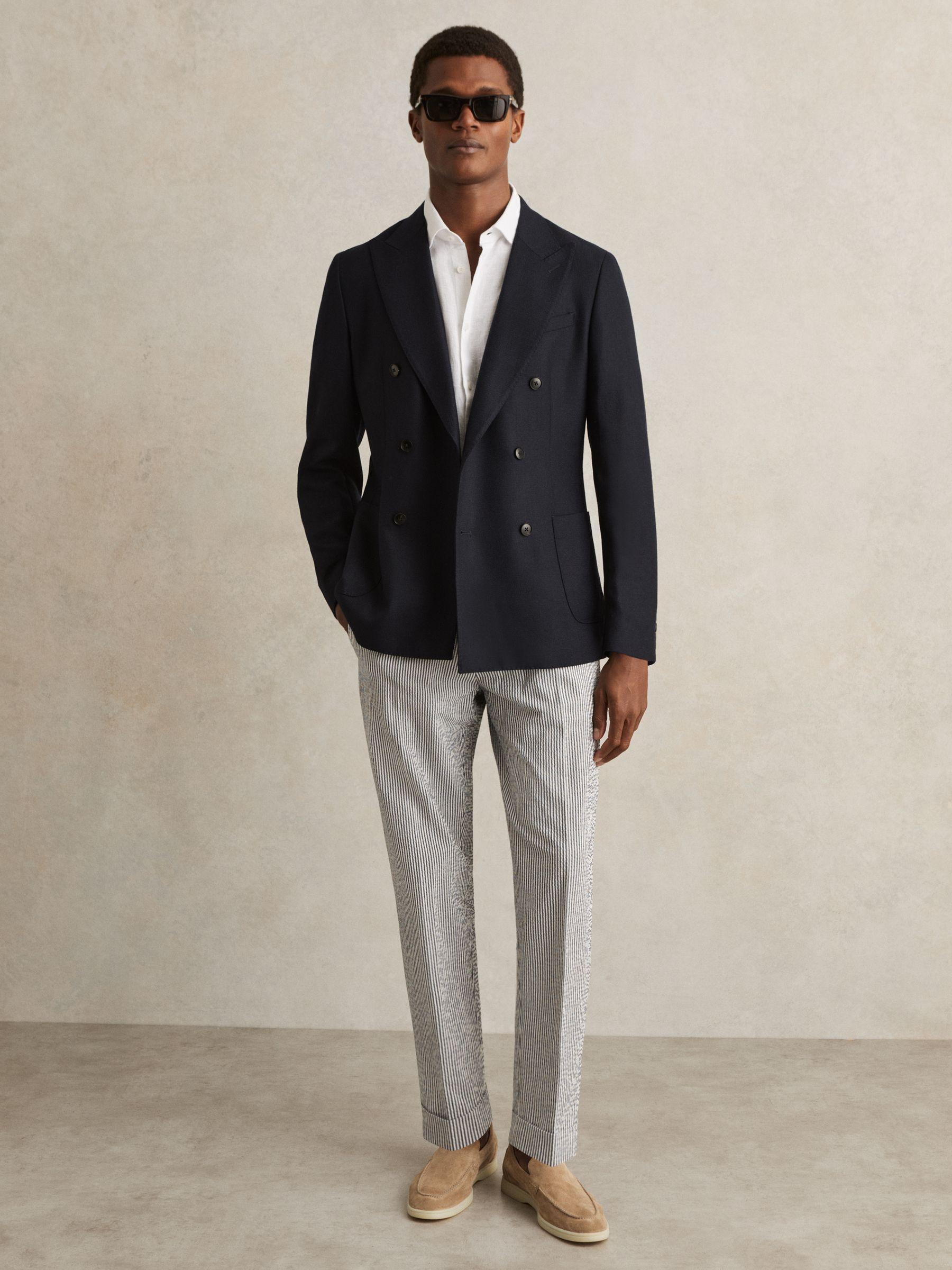 Stretch Seersucker Stripe Trousers in Navy/White Product Image