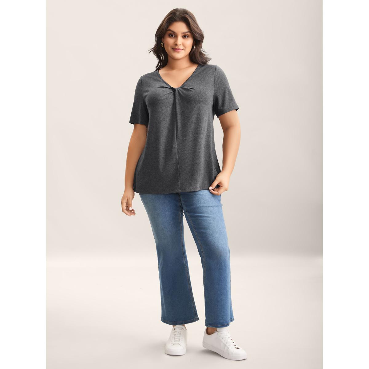 Plus Size Supersoft Cinched Neck Plain T-Shirt DimGray Women Leisure Twist Asymmetrical Neck Casual T-shirts BloomChic 14-16/1X Product Image