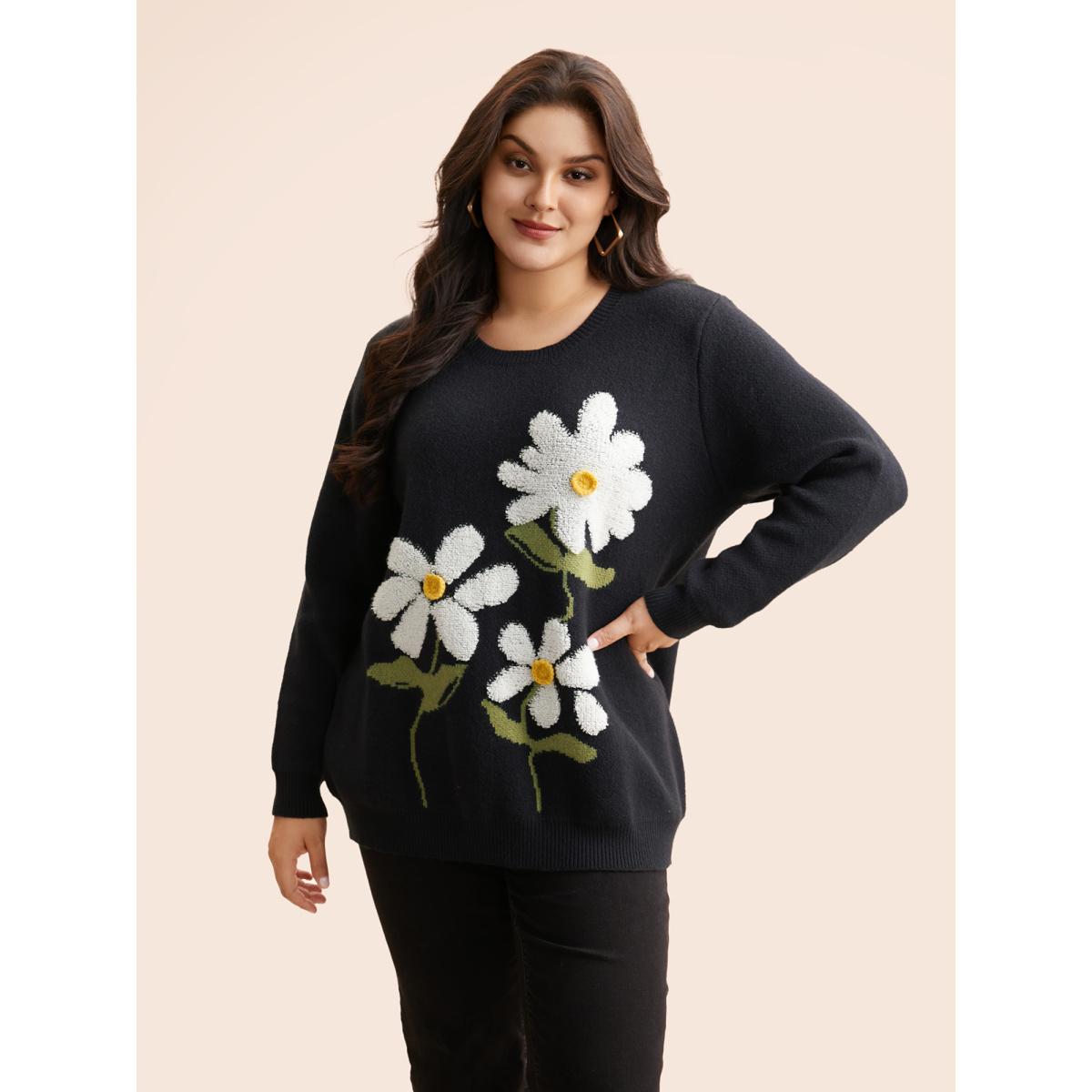 Plus Size Round Neck Floral Contrast Texture Pullover Indigo Women Playful Long Sleeve Round Neck Casual Pullovers BloomChic 30/6X Product Image