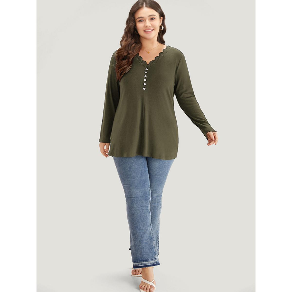 Plus Size Guipure Lace Patchwork V Neck Button Detail T-shirt ArmyGreen Women Elegant Printed Plain V-neck Dailywear T-shirts BloomChic 10/M Product Image