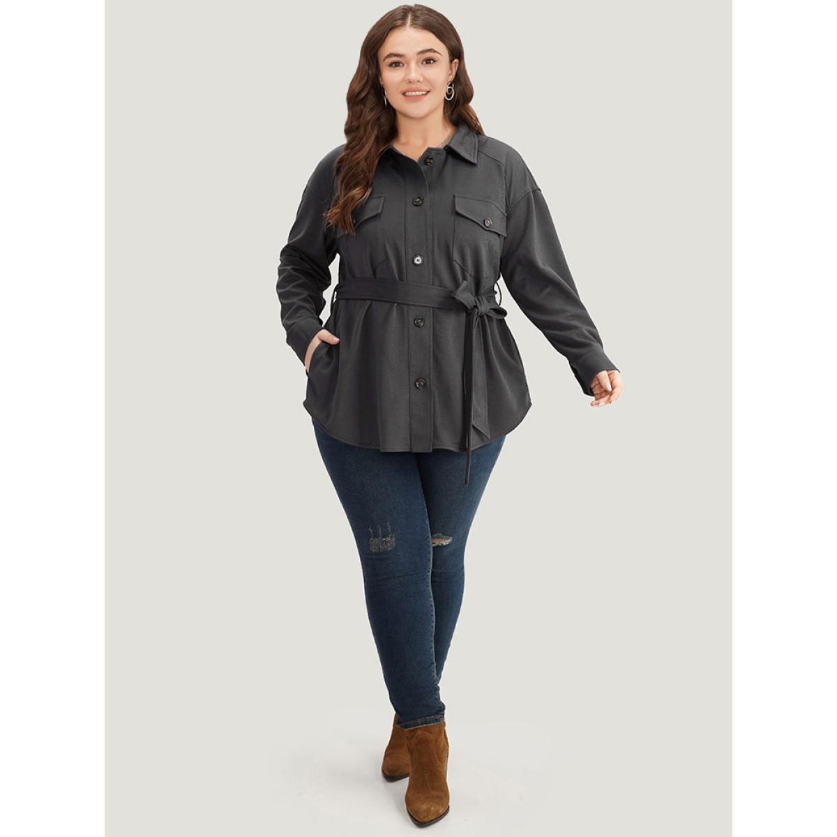 Plus Size Solid Pocket Button Through Belted Coat Women Gray Casual Plain Ladies Dailywear Winter Coats BloomChic 28/5X Product Image