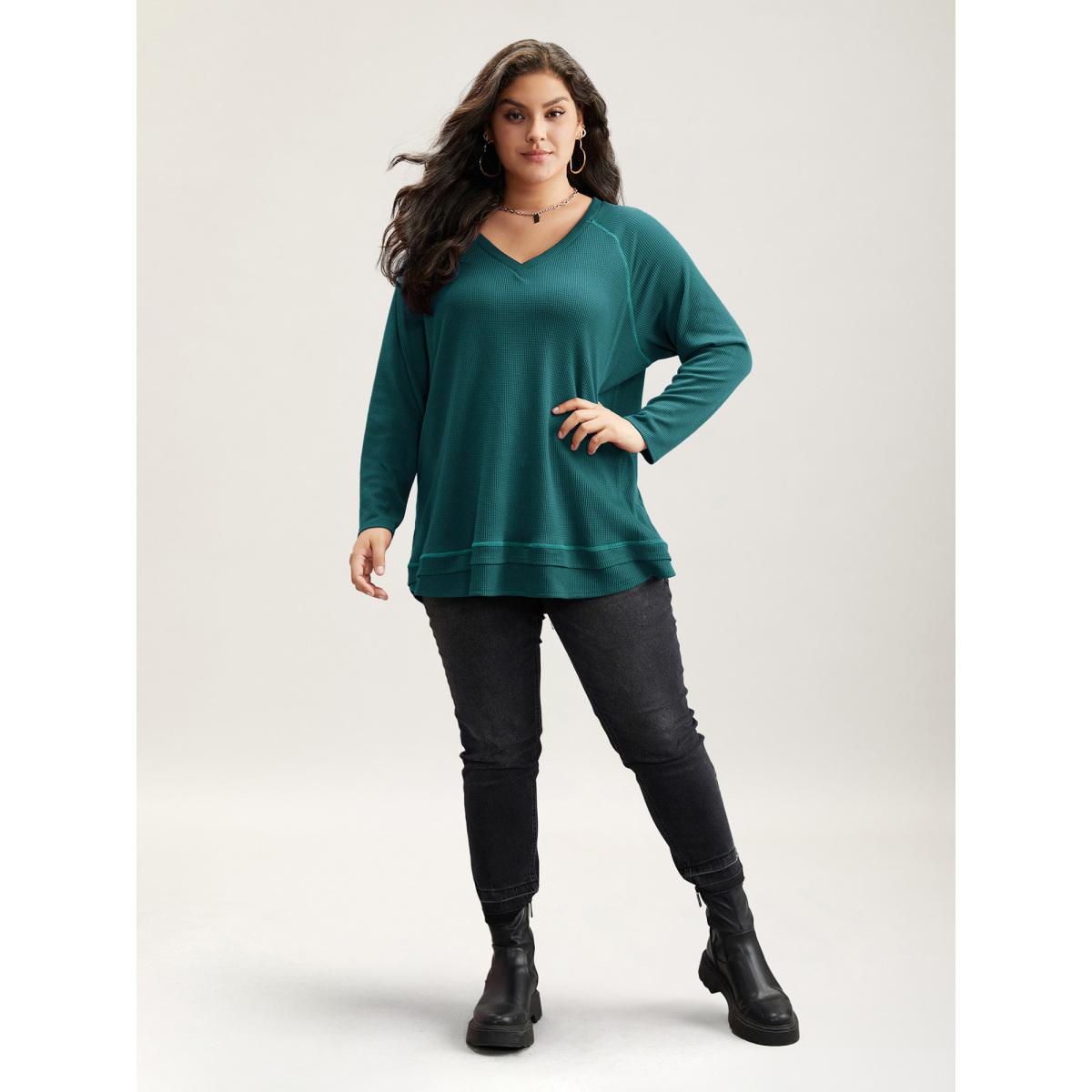 Plus Size Plain Textured Stitch Raglan Sleeve Sweatshirt Women Cyan Leisure Plain V-neck Casual Sweatshirts BloomChic 14-16/1X Product Image