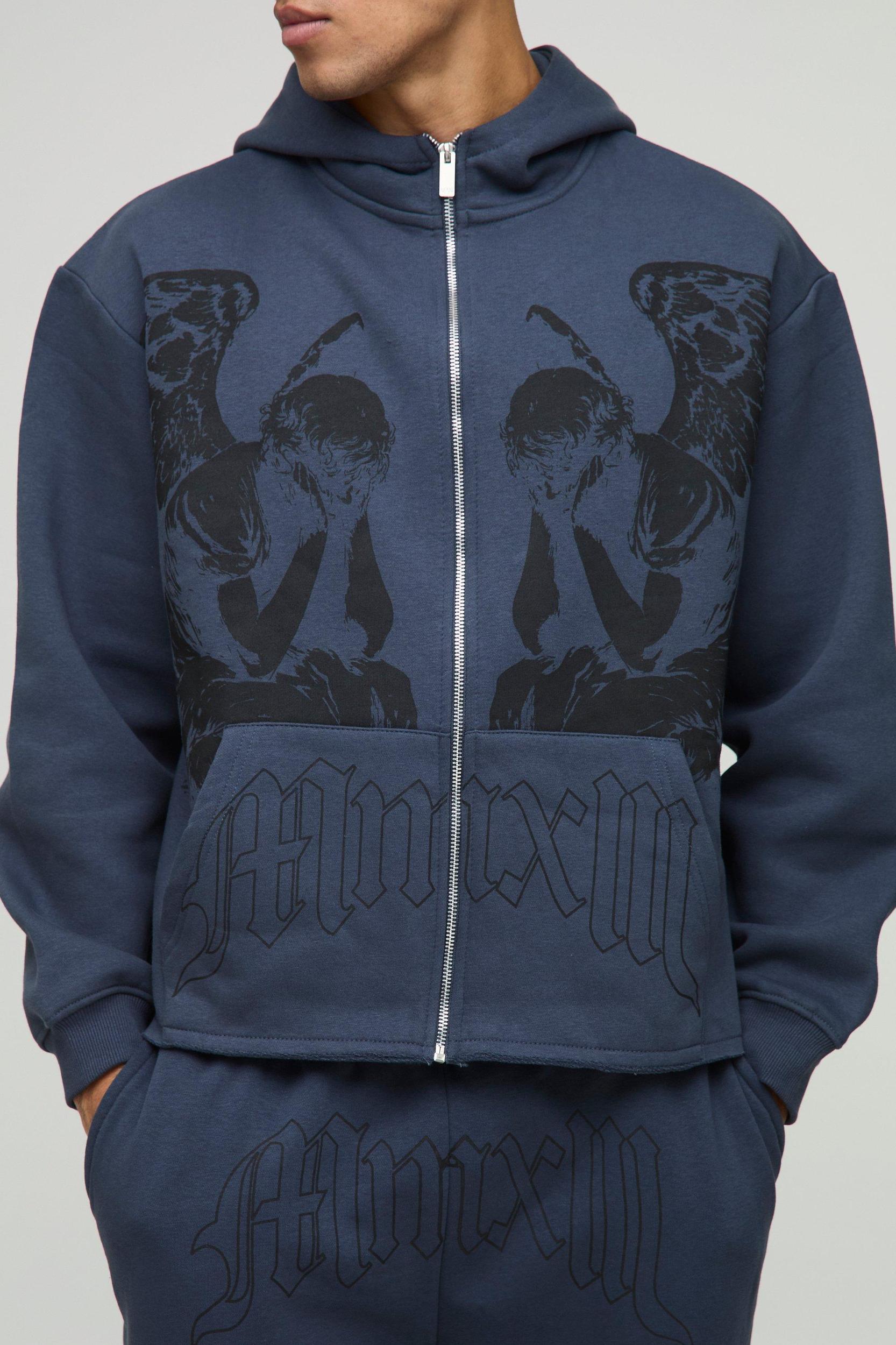Oversized Boxy Zip Through Renaissance Graphic Hoodie | boohooMAN USA Product Image