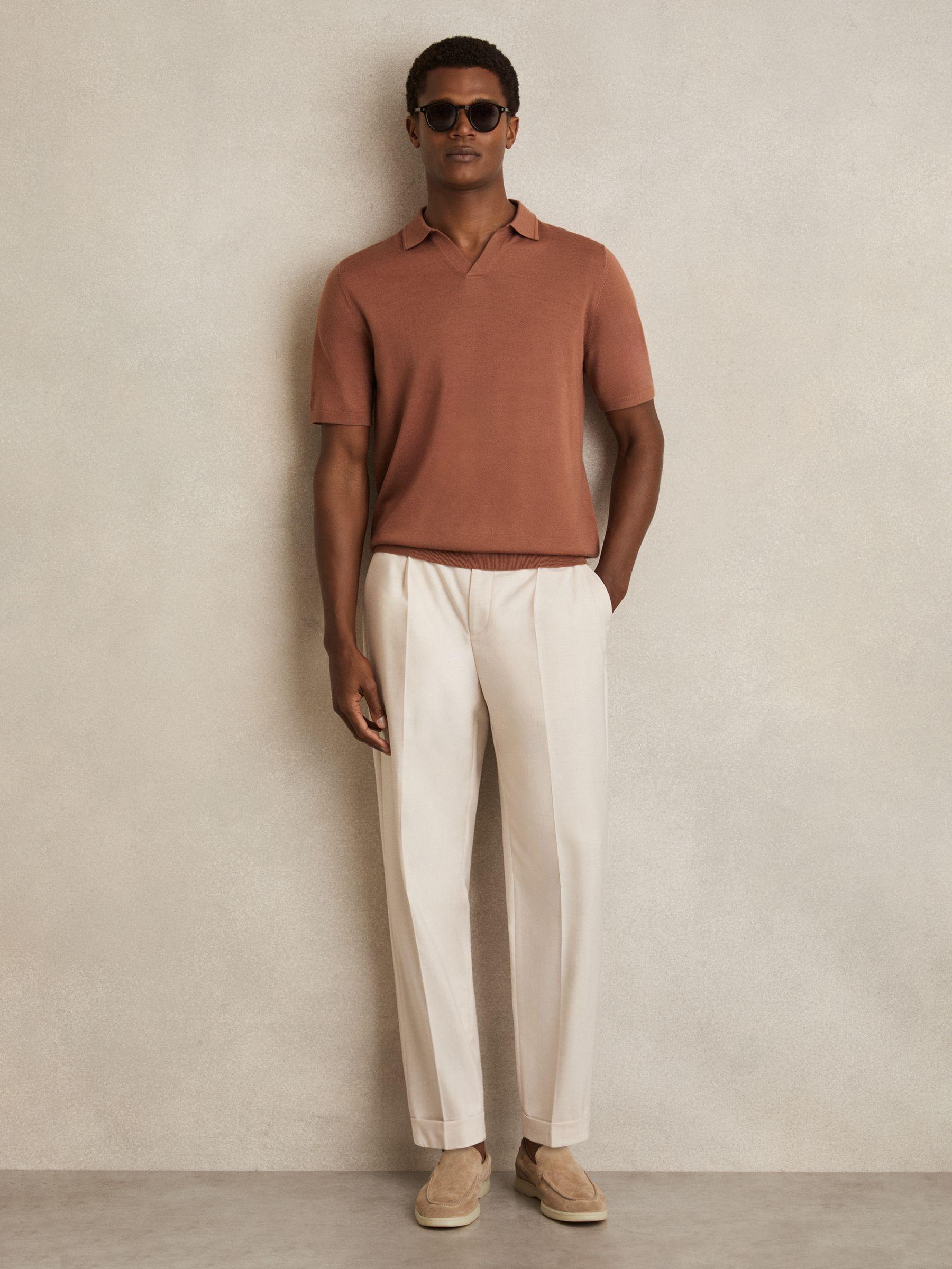 Merino Wool Open-Collar Polo Shirt in Cinnamon Brown Product Image