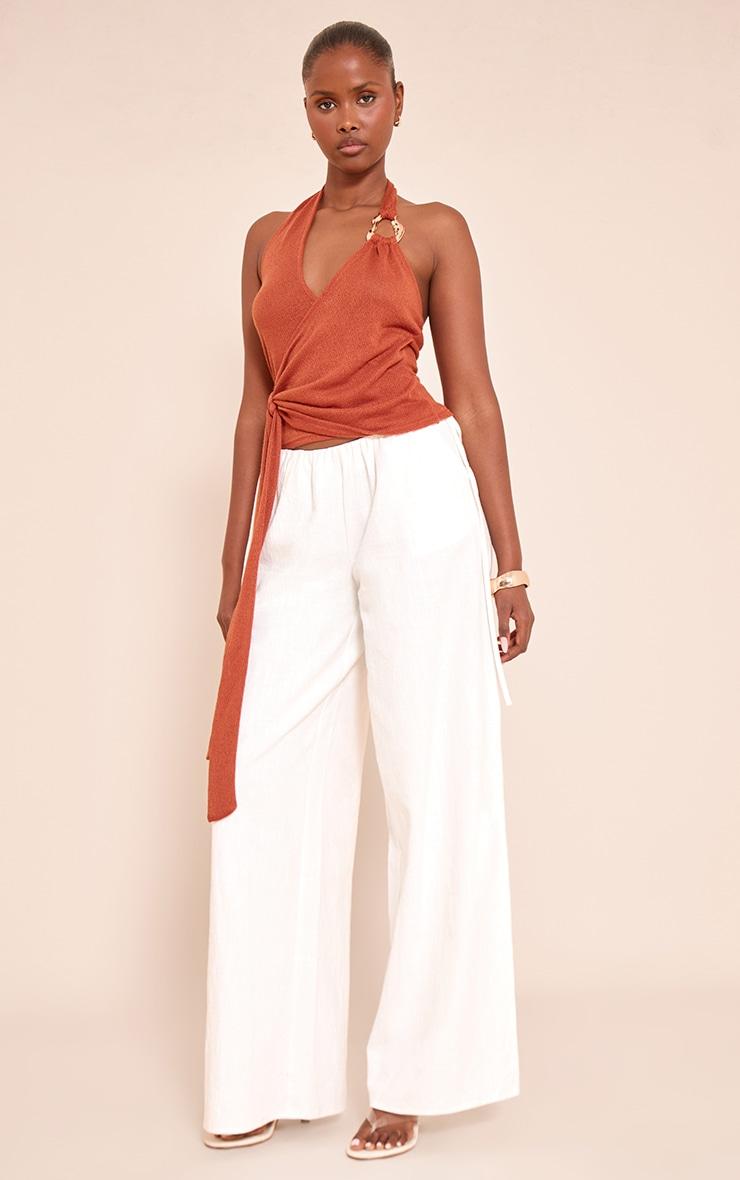 Rust Tie Detail Halter Neck Trim Knit Top Product Image