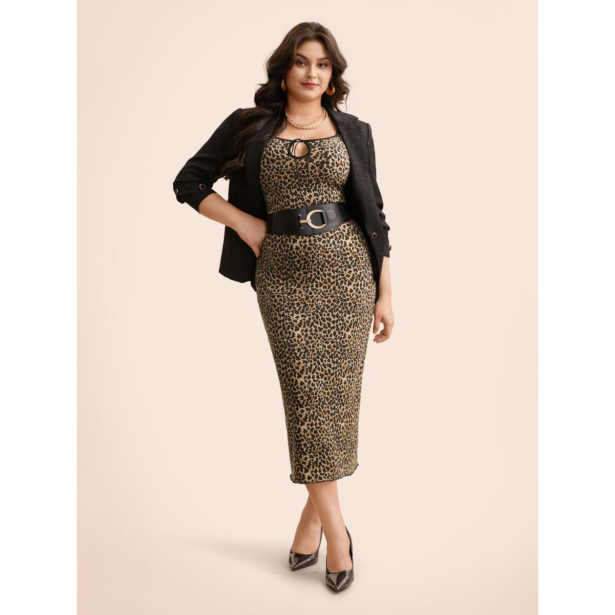 Plus Size Leopard Print Tie Knot Slim Fit Dress Black Women Elegant Tie knot U-neck Sleeveless Curvy BloomChic 26/4X Product Image