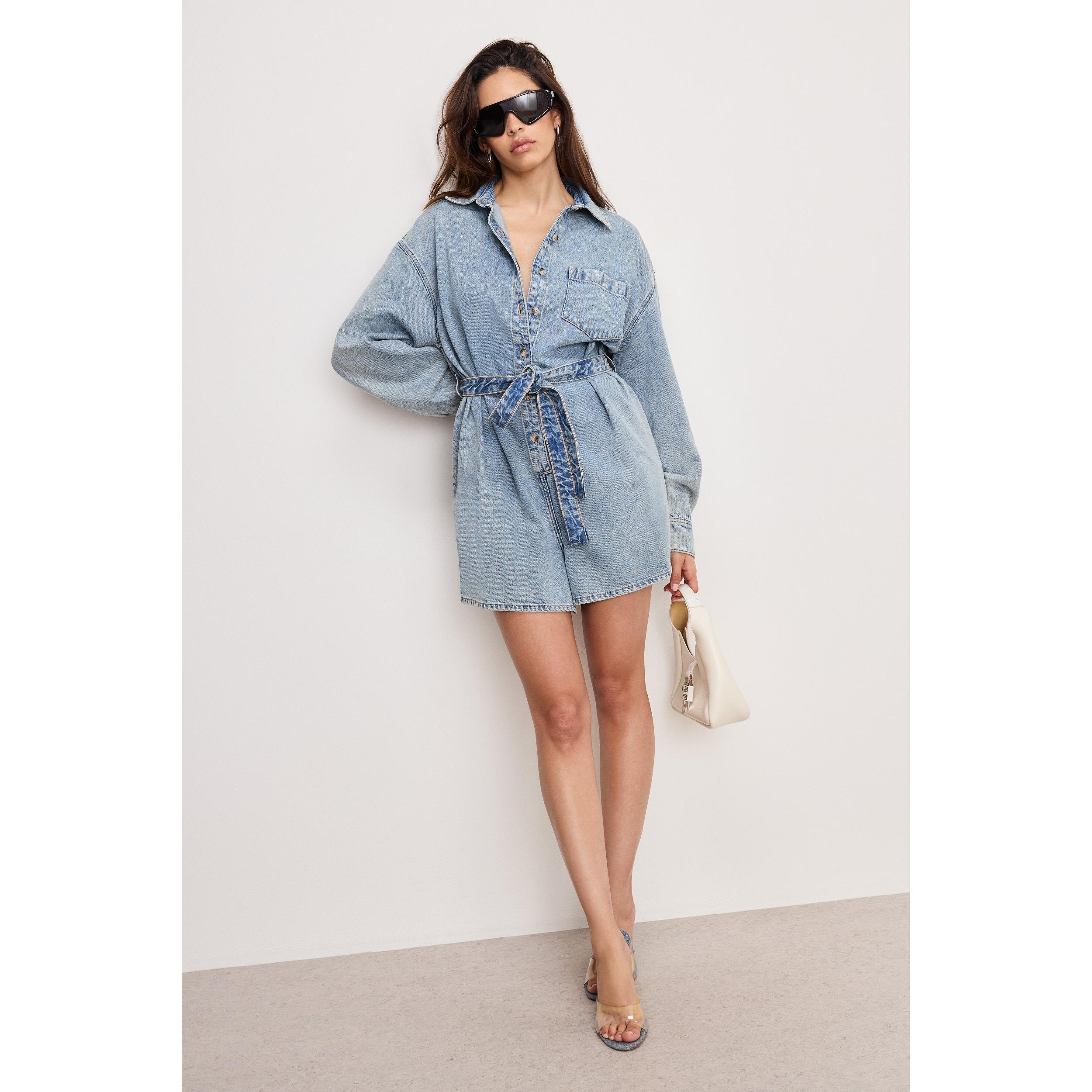 Womens Weightless Long-Sleeve Denim Romper Product Image
