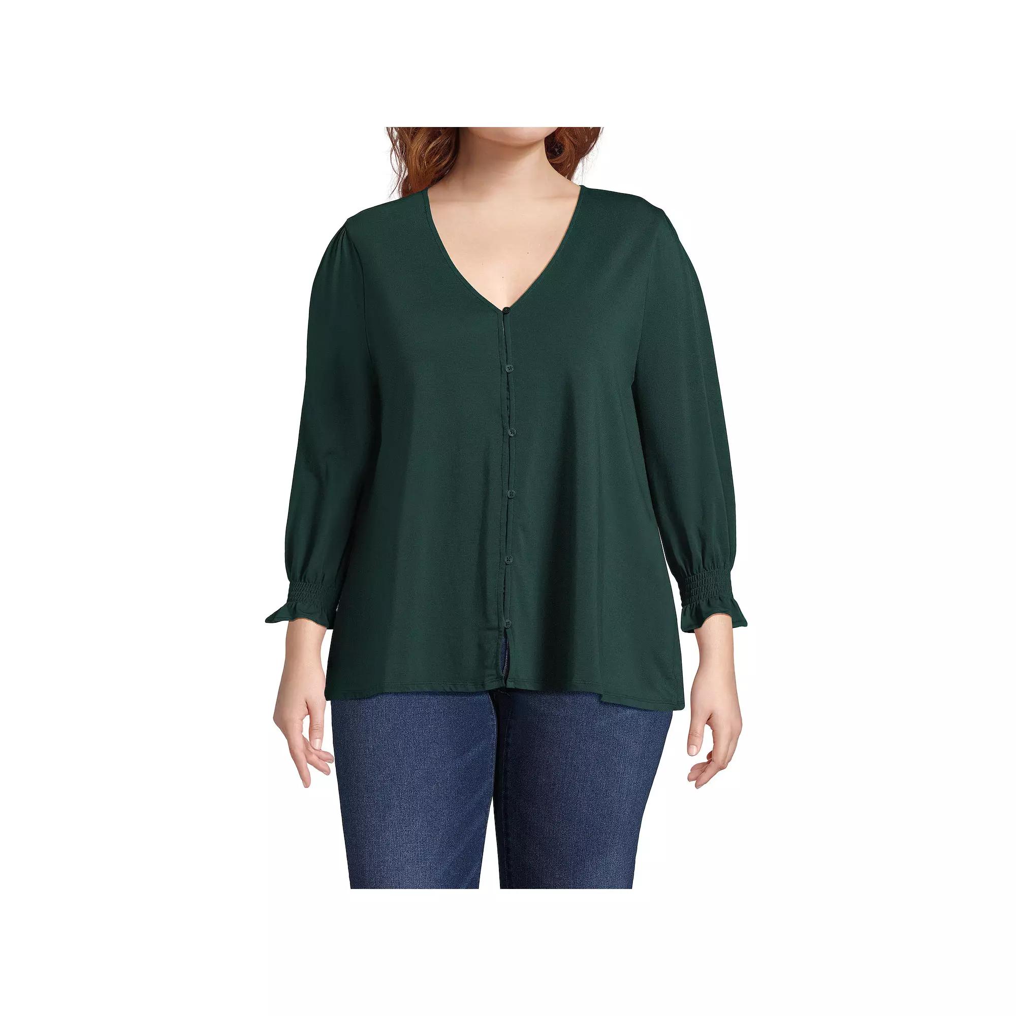 Plus Size Lands' End 3/4 Sleeve Lightweight Jersey Button Front Top, Women's, Size: 3XL, Deep Green Product Image