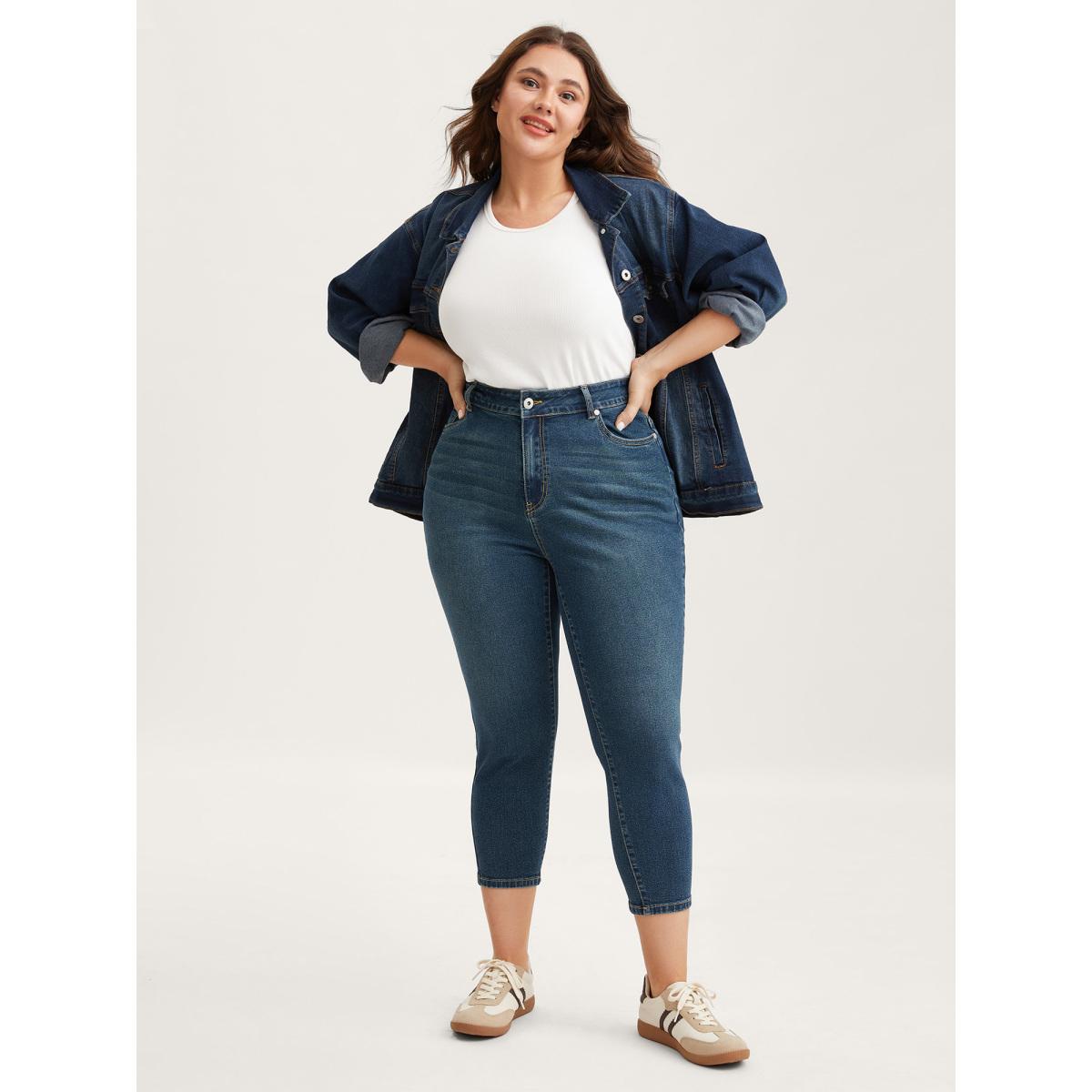 Plus Size Butt Lift Mid-Rise Skinny-Fit Jeans Women Bluevintage Leisure High stretch Slanted pocket Jeans BloomChic 12/L Product Image