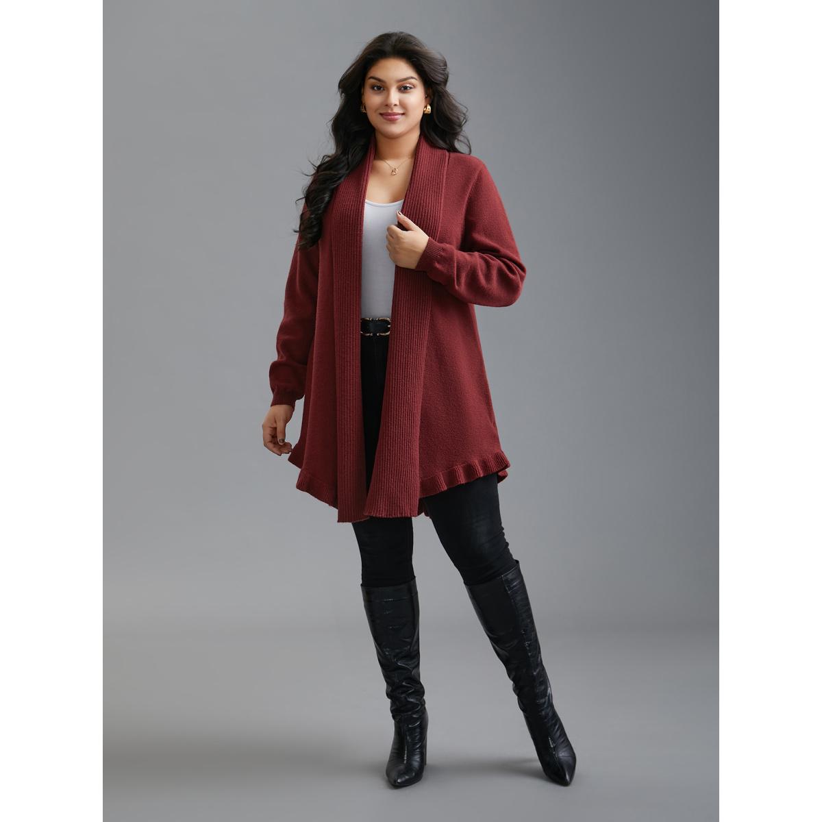 Plus Size Kimono Collar Texture Knit Ruffle Hem Cardigan Deepred Women Casual Loose Long Sleeve Everyday Cardigans BloomChic 28/5X Product Image