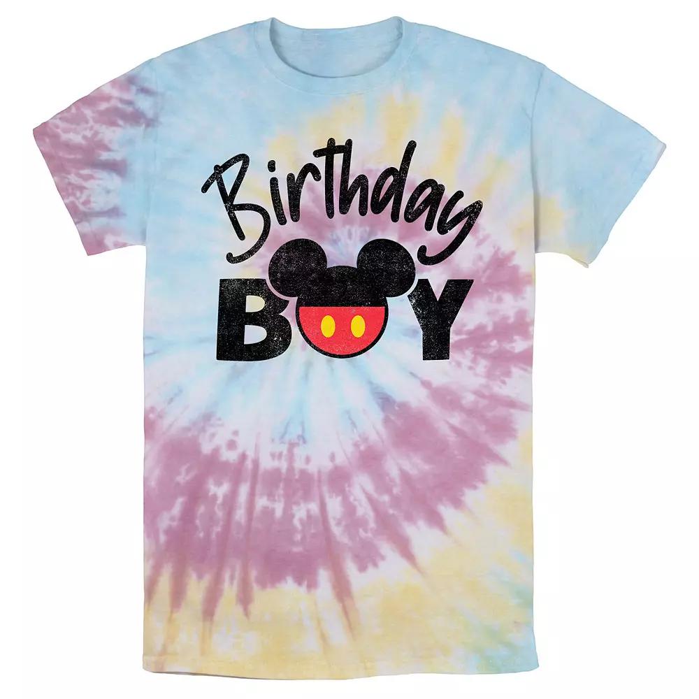 Men's Disney Mickey & Friends Birthday Boy Mickey Logo Bomabrd Wash Tee, Size: Small, Blue Pink Light Yellow Product Image