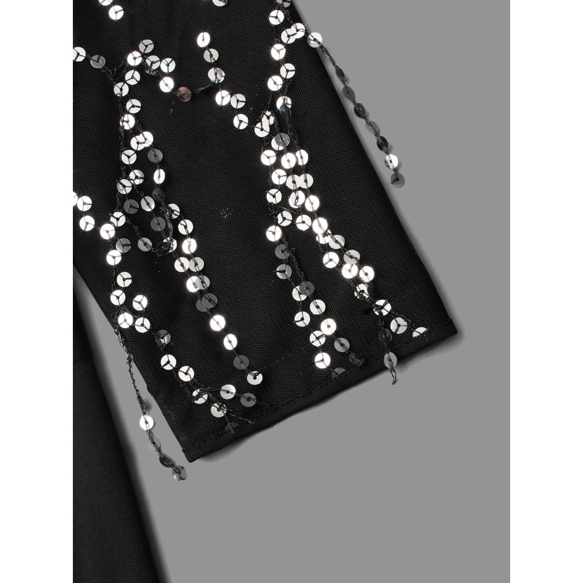 Plus Size Sequin Patchwork Mesh Split Hem Dress Black Women Cocktail Texture Round Neck Long Sleeve Curvy BloomChic 10/M Product Image