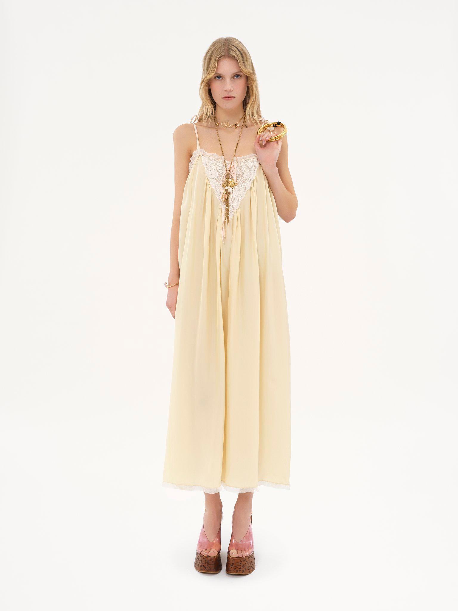 Ruffled long dress in silk habotai & lace Product Image