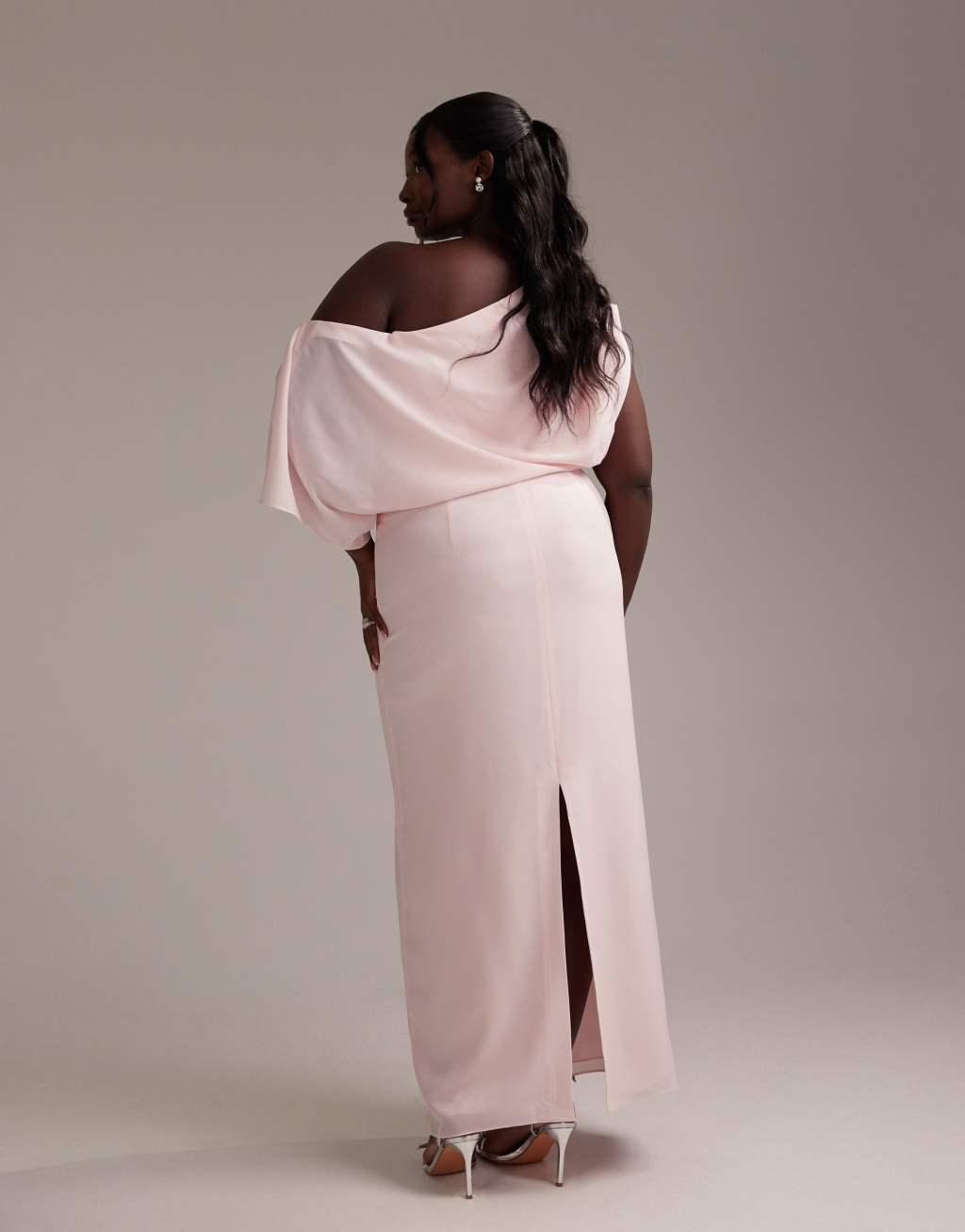 ASOS DESIGN Curve Bridesmaids crepe one shoulder draped maxi dress in soft pink Product Image