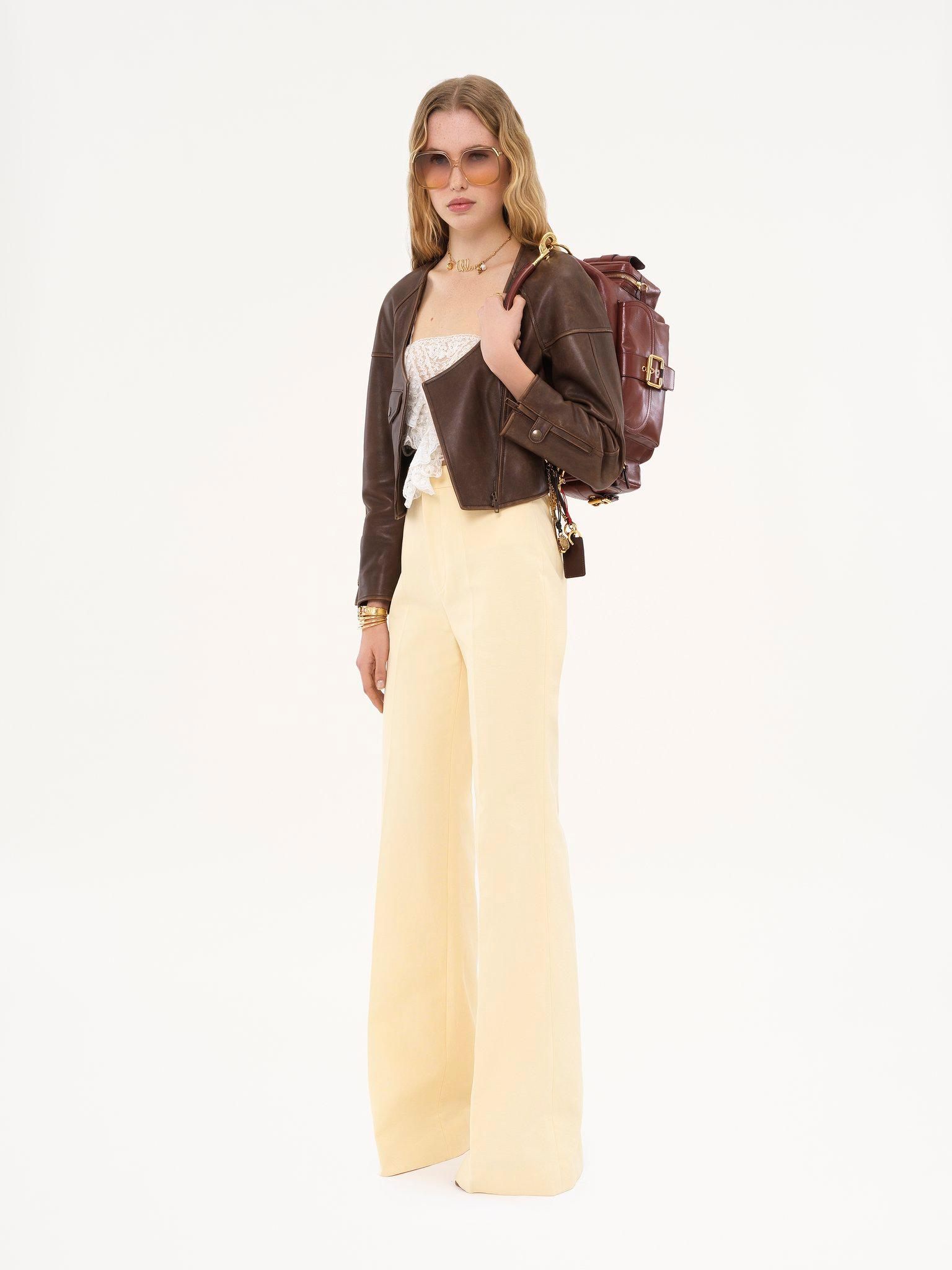 Cropped scoop-neck jacket in leather Product Image