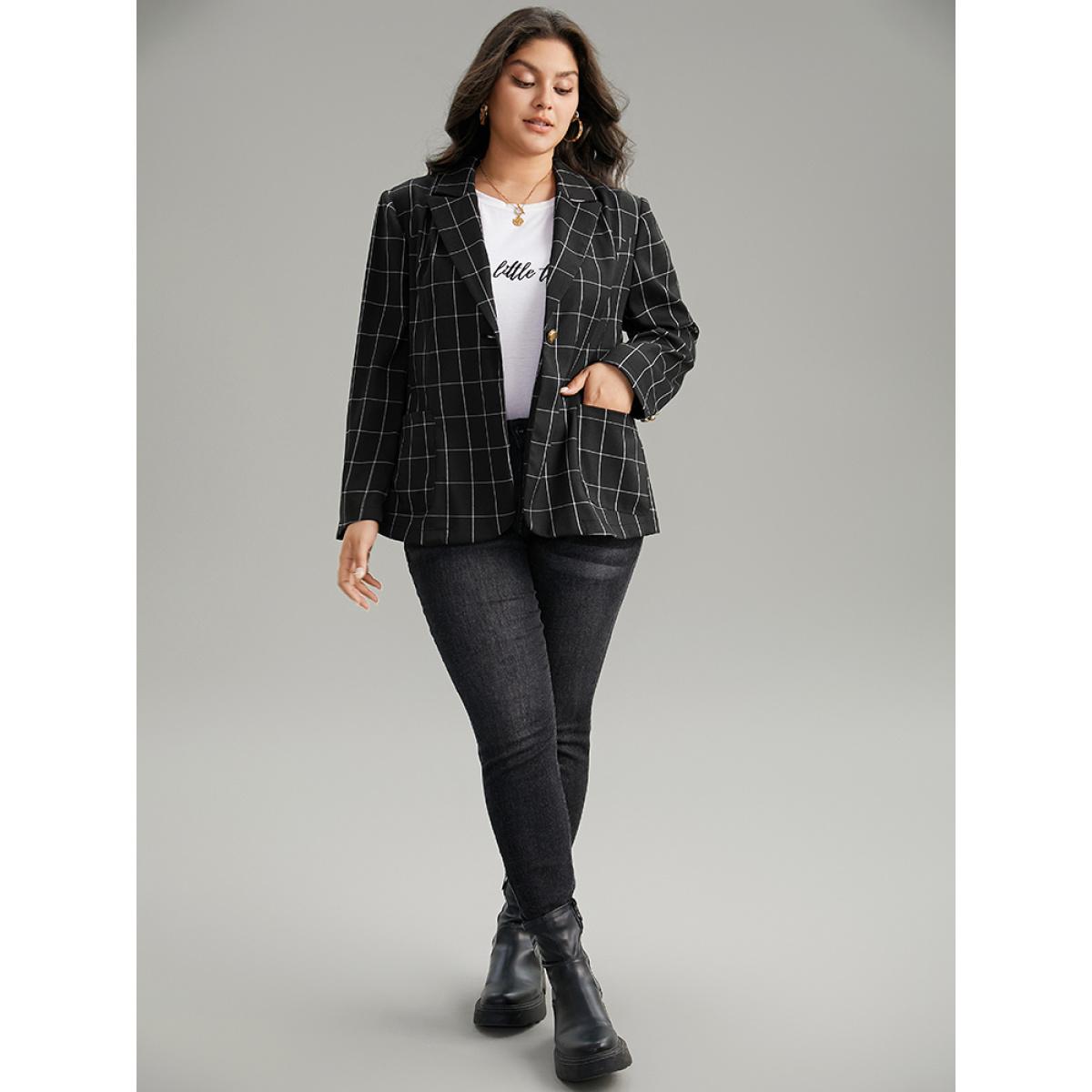 Plus Size Plaid Suit Collar Metal Detail Pocket Blazer Black Women Work Plaid Contrast Sleeve Long Sleeve Suit Collar 14-16/1X Pocket Work From Home Blazers BloomChic Product Image