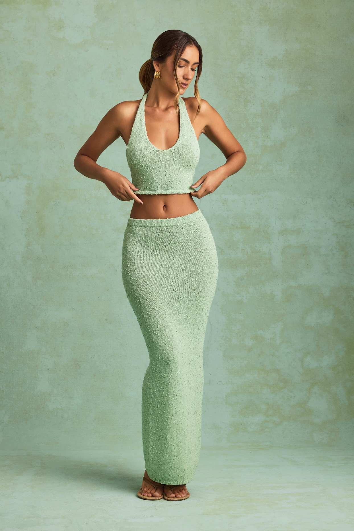 Bouclé Mid-Rise Maxi Skirt in Mint Product Image