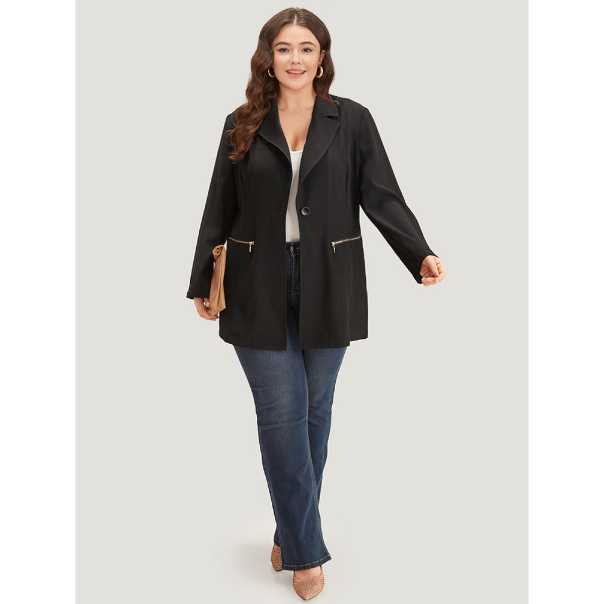 Plus Size Lapel Collar Zipper Button Up Blazer Black Women Office Plain Plain Sleeve Long Sleeve Lapel Collar 14-16/1X Pocket Office Blazers BloomChic Product Image