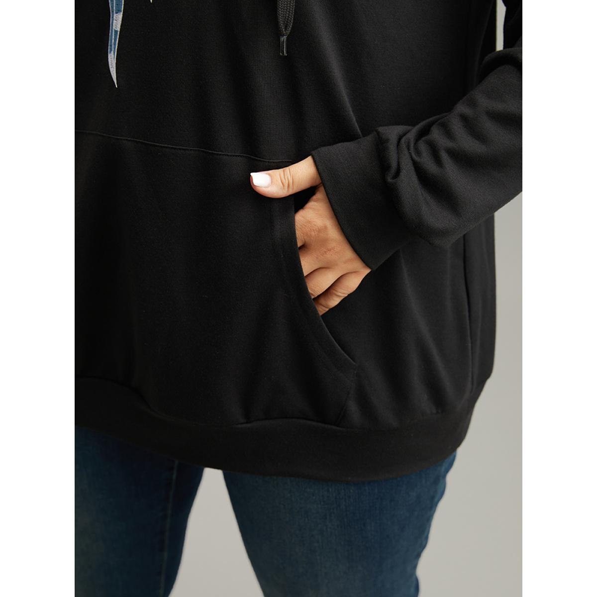 Plus Size Boho Embroidered Pocket Hooded Drawstring Sweatshirt Women Black Casual Embroidered Hooded Dailywear Sweatshirts BloomChic 14-16/1X Product Image