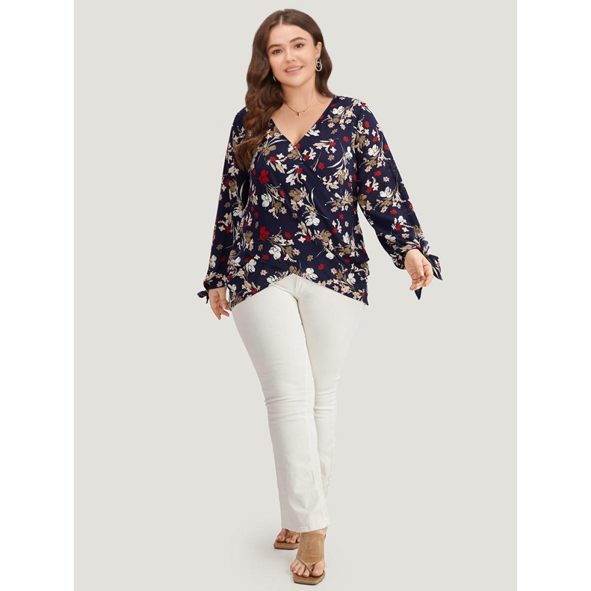 Plus Size Indigo Floral V Neck Wrap Twist Sleeve Blouse Women Elegant Long Sleeve V-neck Dailywear Blouses BloomChic 26/4X Product Image