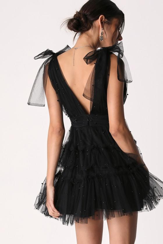 Tulle-Proof Black Tulle Beaded Tie-Shoulder Tiered Mini Dress Product Image