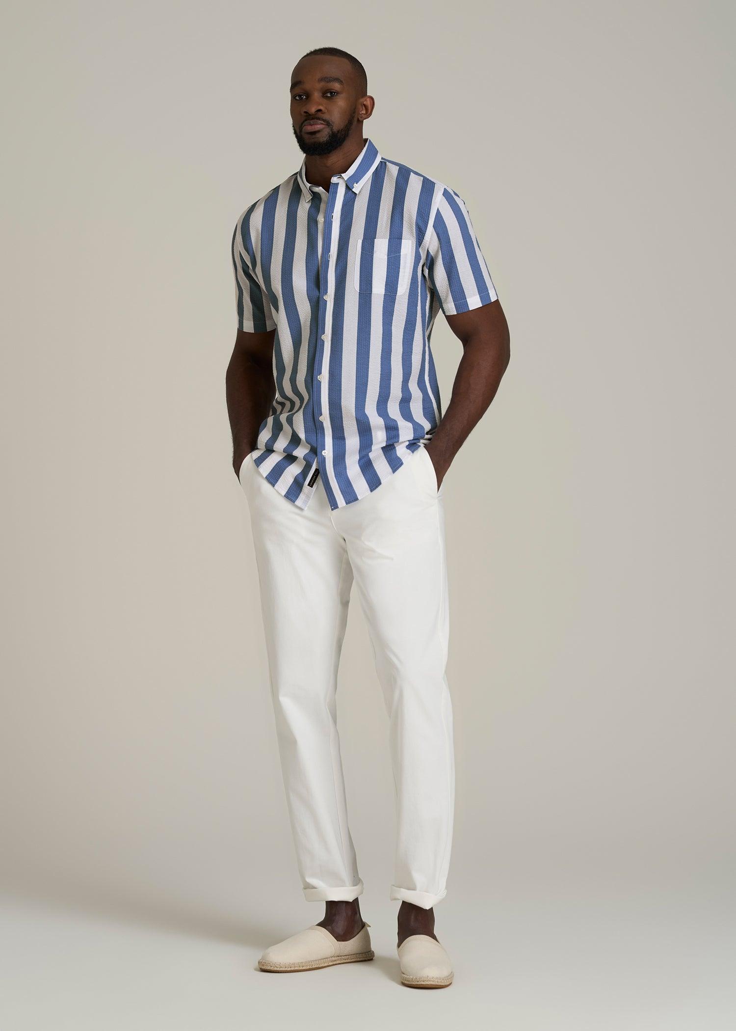 Seersucker Short Sleeve Shirt for Tall Men in Periwinkle Blue Stripe Male Product Image