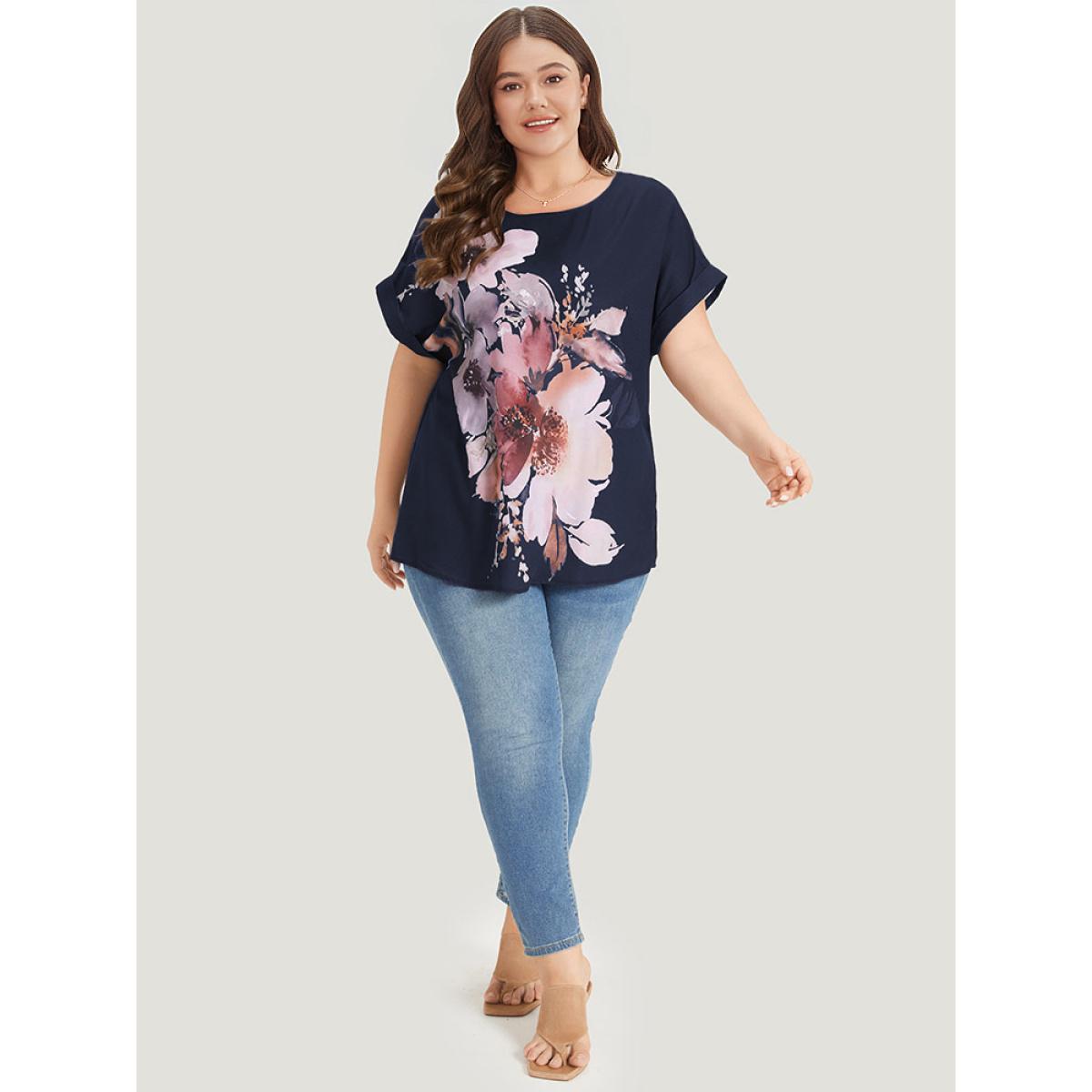 Plus Size Indigo Floral Print Crew Neck Roll Dolman Sleeve Blouse Women Elegant Short sleeve Round Neck Dailywear Blouses BloomChic 14-16/1X Product Image