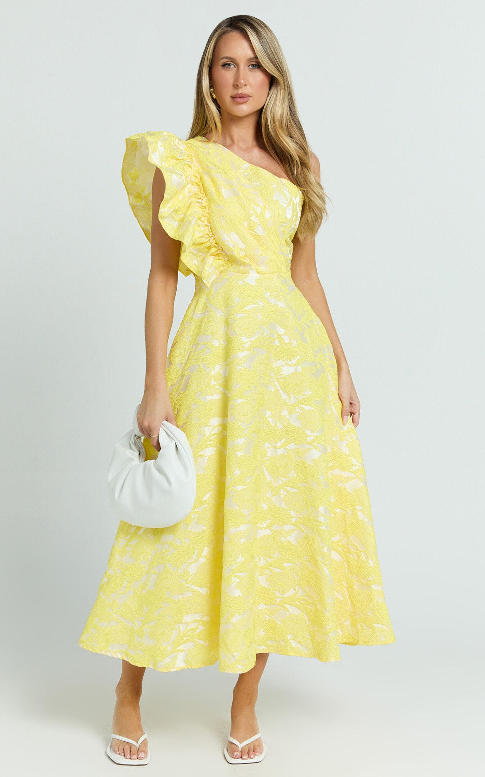 Alfreda Midi Dress - One Shoulder Ruffle Detail Brailey Jacquard Dress in Yellow Jacquard Product Image