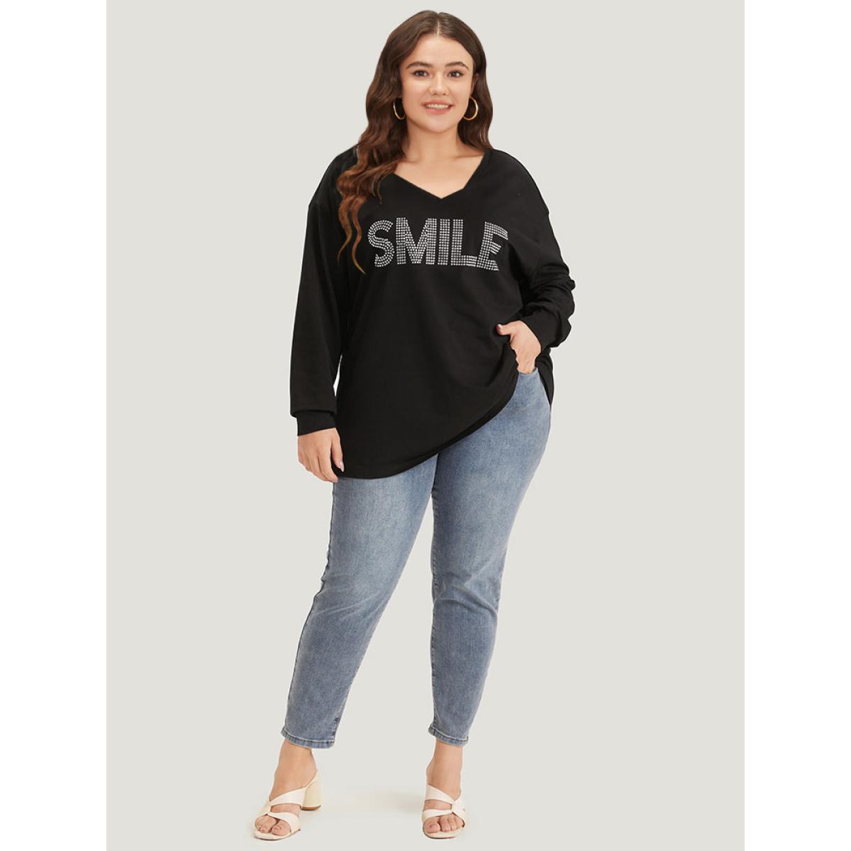 Plus Size Letter Print Rhinestone V Neck Elastic cuffs Sweatshirt Women Black Elegant Elastic cuffs Dailywear Sweatshirts BloomChic 10/M Product Image