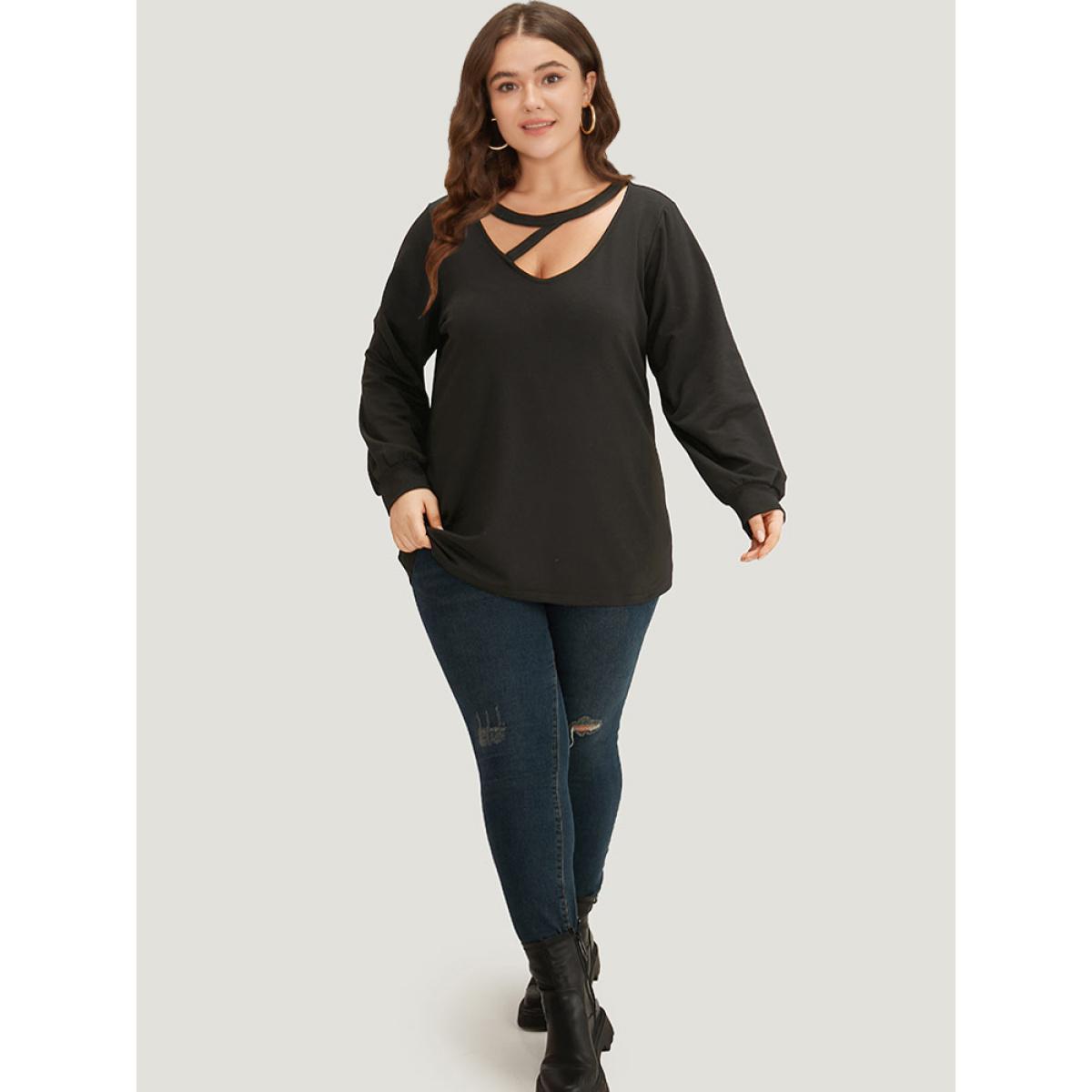 Plus Size Solid Cut Out Sweatshirt Women Black Casual Plain Keyhole Cut-Out Dailywear Sweatshirts BloomChic 22-24/3X Product Image