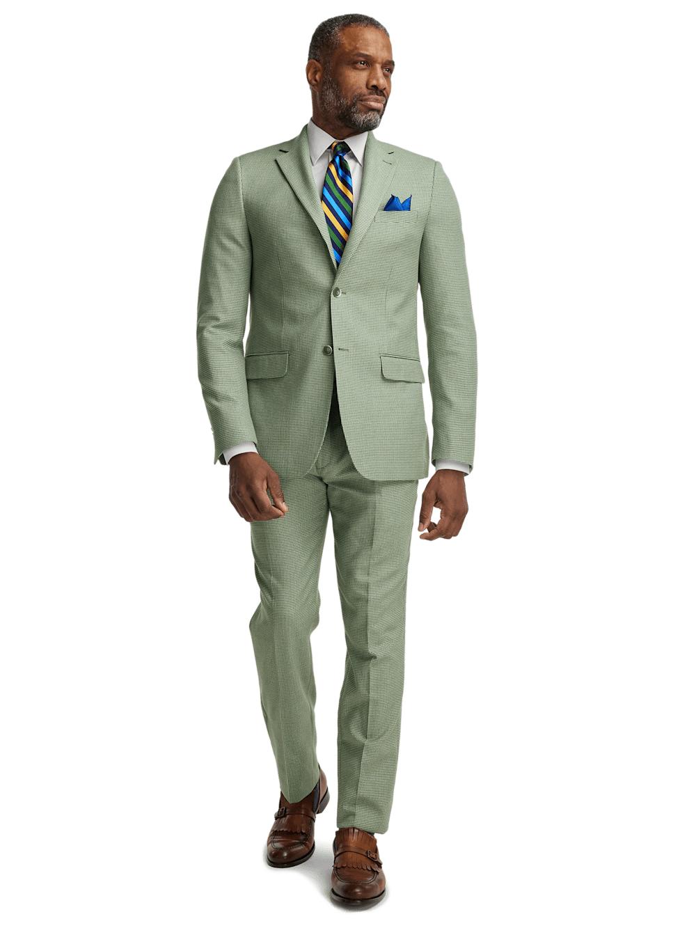 Cotton Blend Houndstooth Single Breasted Notch Lapel Suit - Green Product Image