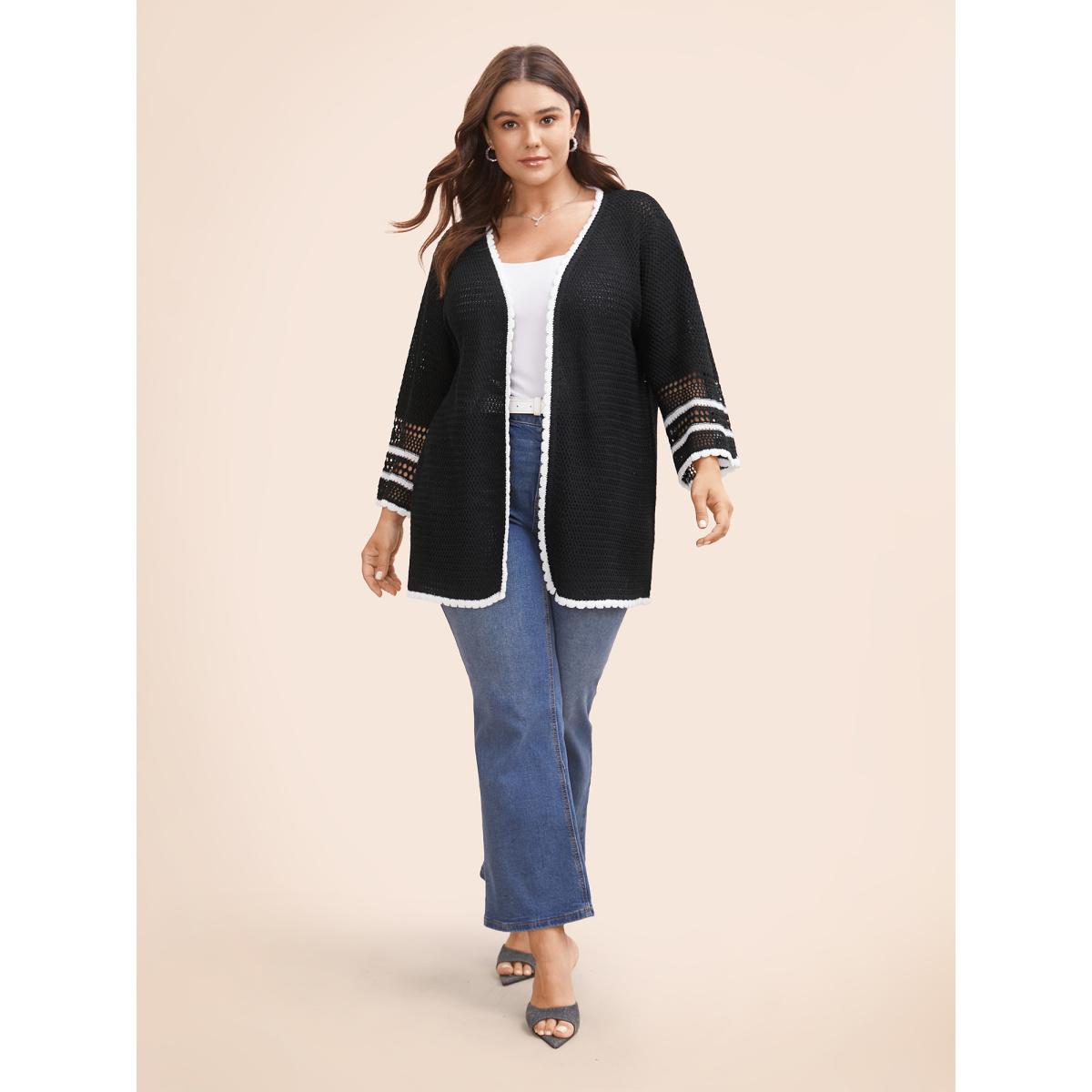 Plus Size Solid Contrast Trim Bell Sleeve Cardigan Black Women Beach Loose Elbow-length sleeve Vacation Cardigans BloomChic 10/M Product Image