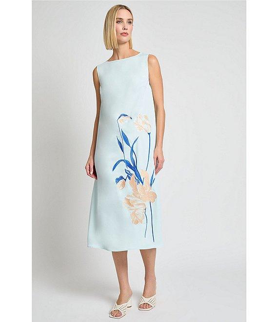 MISOOK Embroidered Crepe Boat Neck Sleeveless Midi Dress Product Image