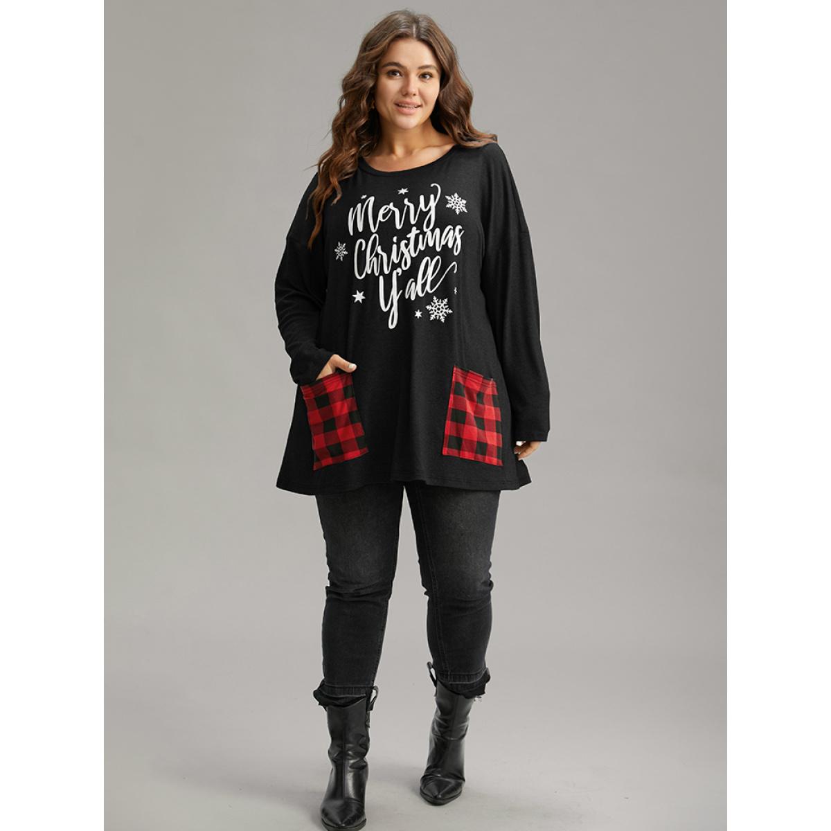 Plus Size Christmas Letter Plaid Patchwork Pocket T-shirt Black Women Casual Contrast Christmas Festival-Halloween T-shirts BloomChic 22-24/3X Product Image