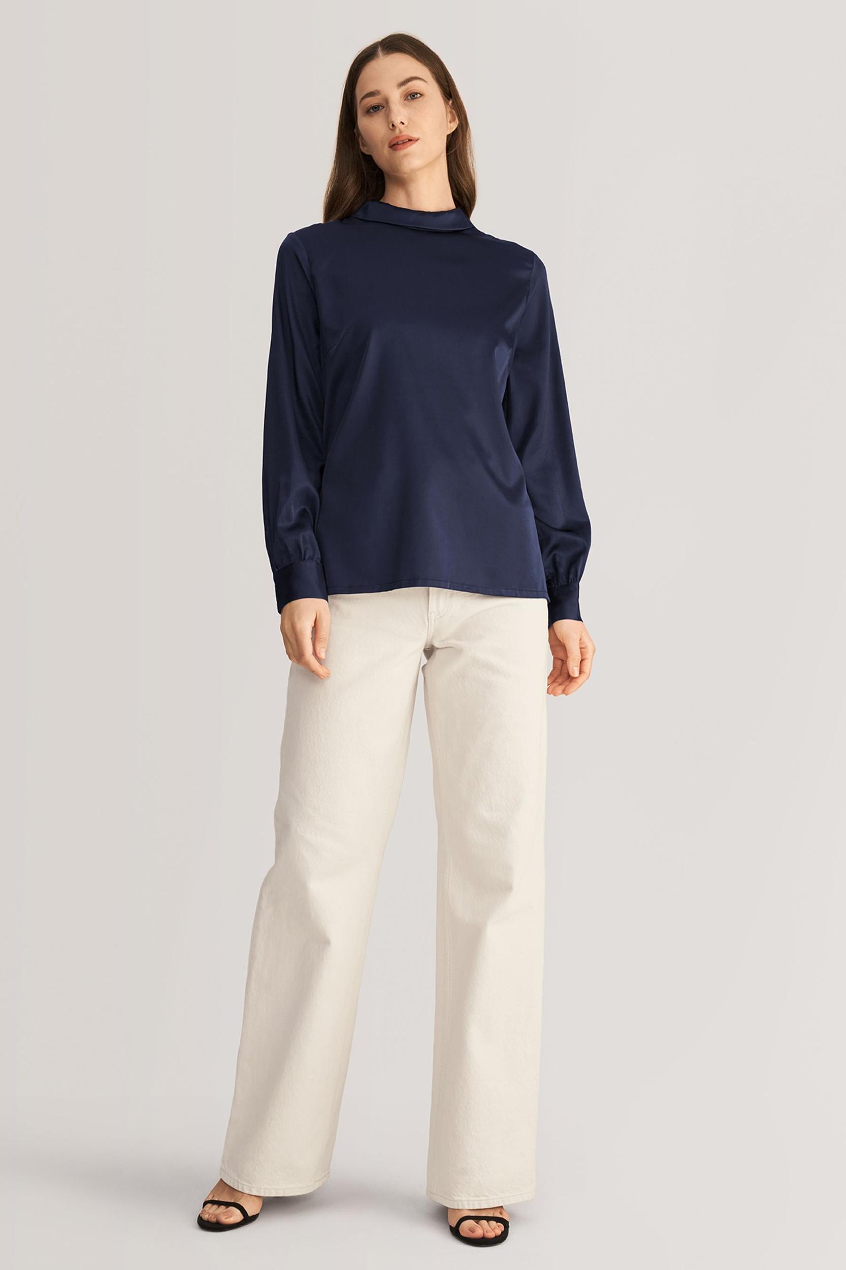LILYSILK Business Blue Elegant Silk Blouse | Long Sleeves Style | Women Silk Navy Stand Collar Skin-Friendly and Breathable XS Product Image