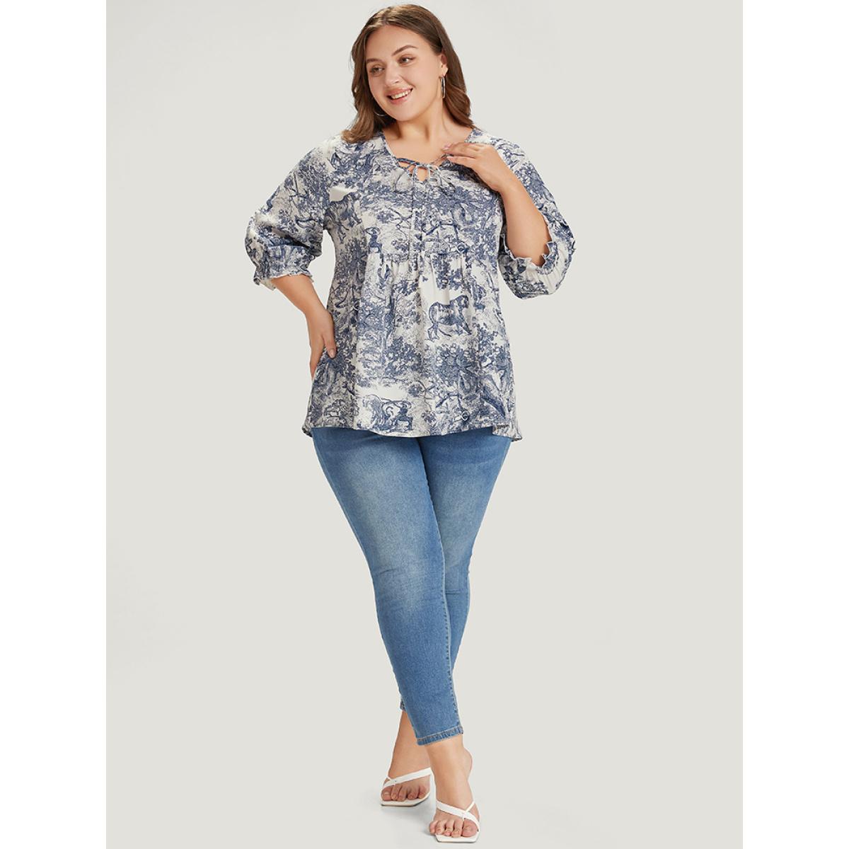 Plus Size Multicolor Print Knot Neck Lantern Sleeve Ruffle Hem Blouse Women Vacation Half Sleeve V-neck Dailywear Blouses BloomChic 18-20/2X Product Image