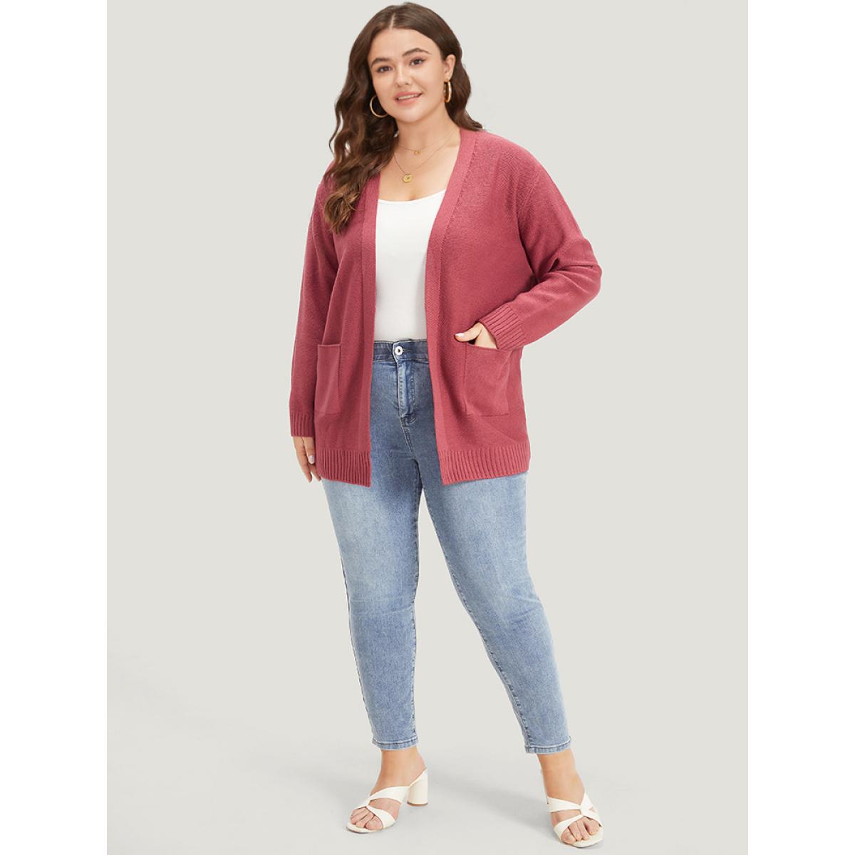 Plus Size Solid Patched Pocket Open Front Long Sleeve Cardigan Russet Women Casual Loose Long Sleeve Everyday Cardigans BloomChic 22-24/3X Product Image
