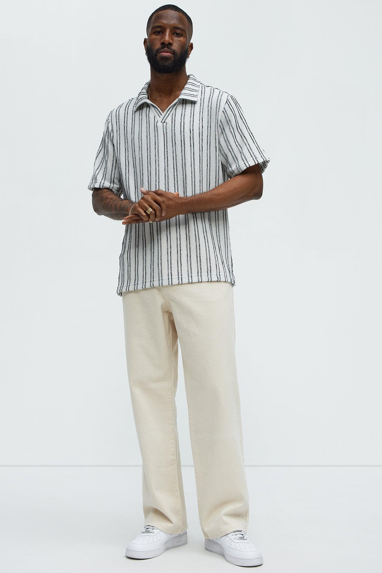 Glenley Texture Stripe Knit Johnny Collar Shirt - Grey/combo Product Image