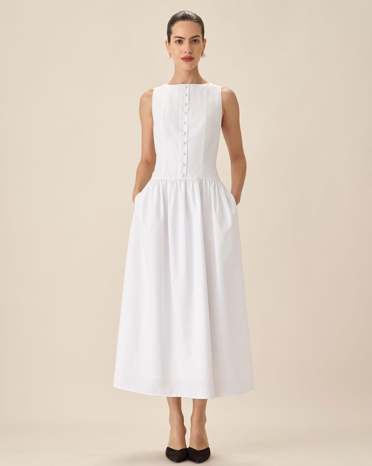 White Round Neck Pocket Maxi Dress Product Image