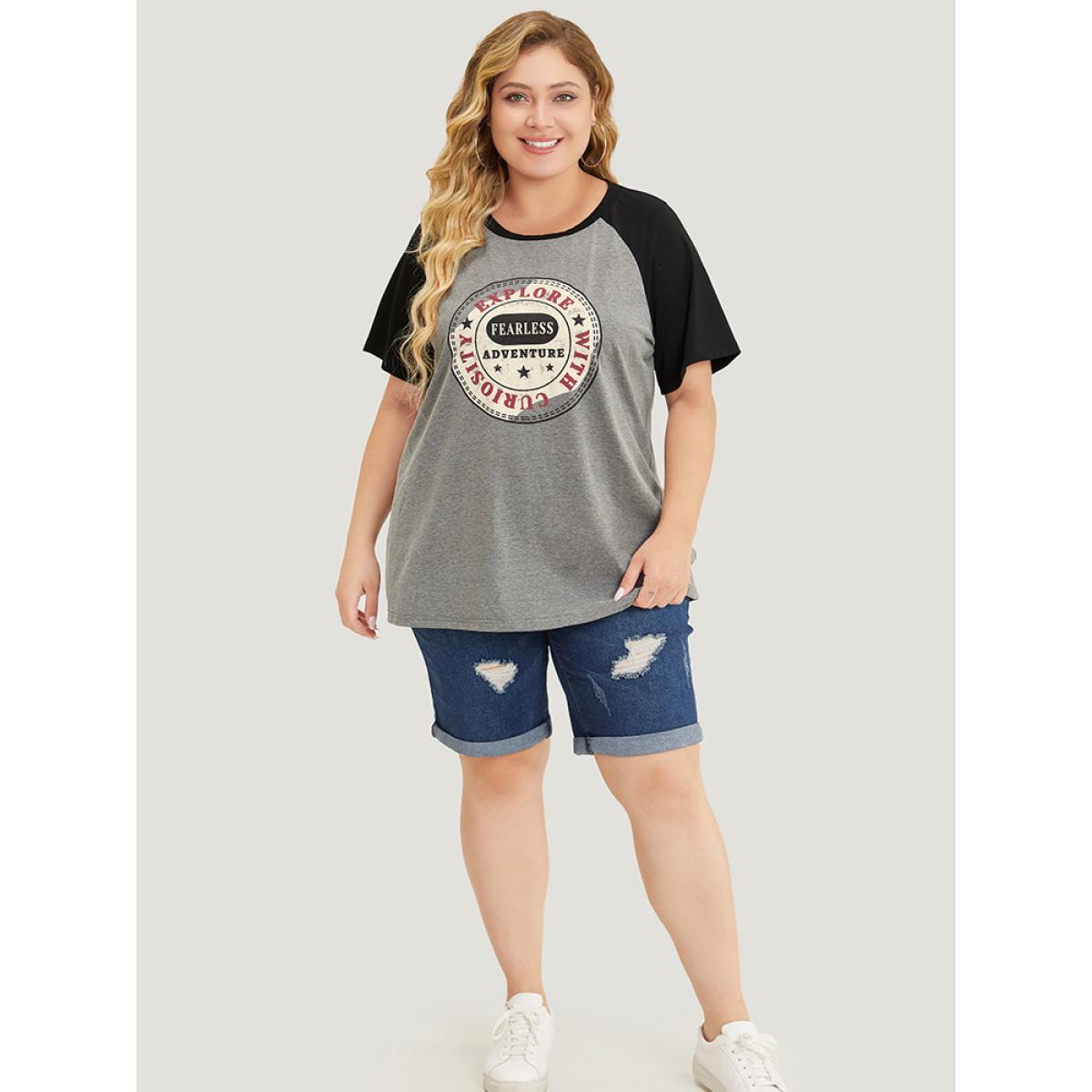 Plus Size Graphic Print Contrast Raglan Sleeve T-shirt Gray Women Casual Contrast Area Dailywear T-shirts BloomChic 30/6X Product Image