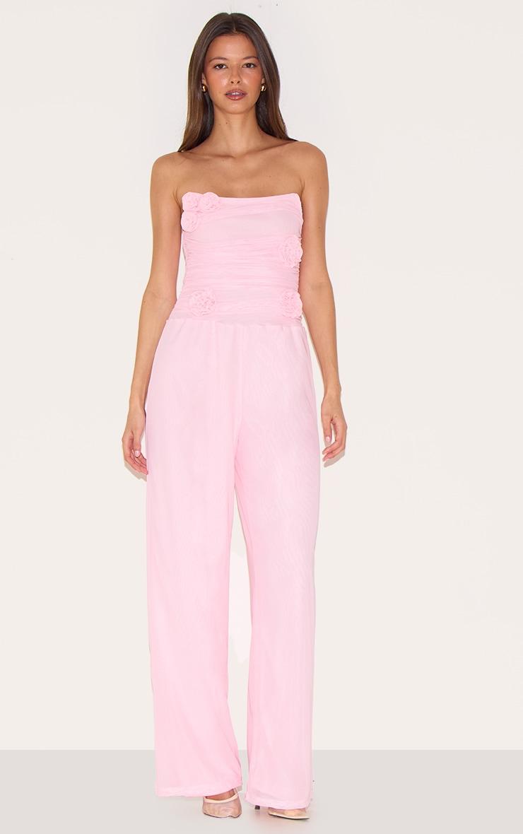 Pale Pink Mesh Overlay Bandeau Rose Applique Jumpsuit Product Image