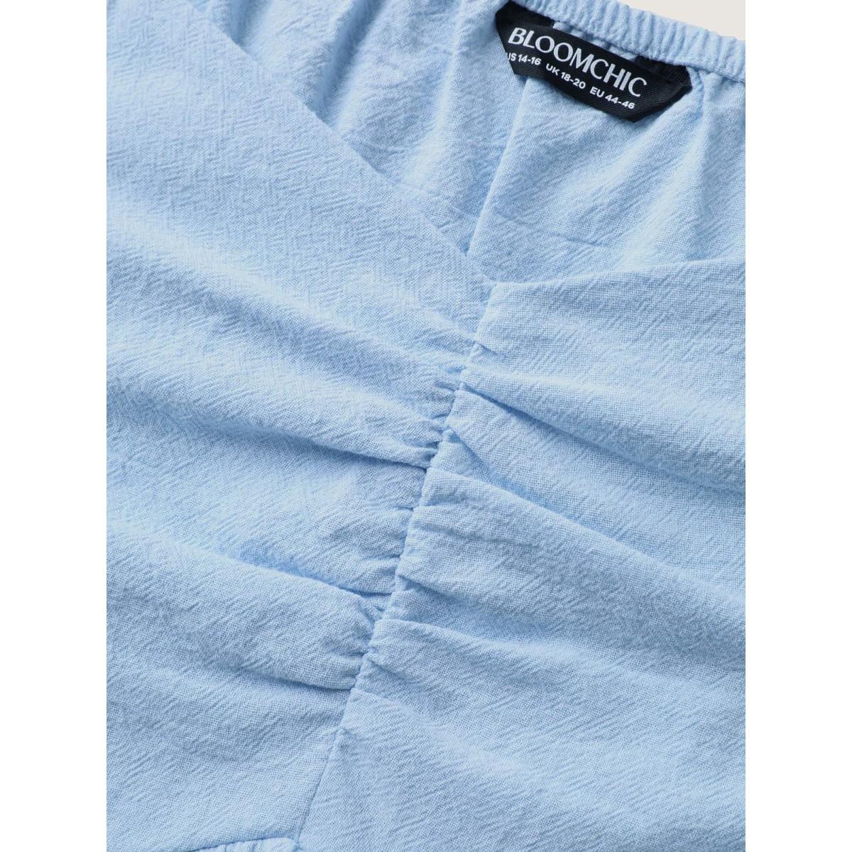 Plus Size LightBlue Bow-tiful Embroidery Ruched Neck Blouse Women Cap Sleeve Heart neckline Everyday-Elegant Blouses BloomChic 10/M Product Image