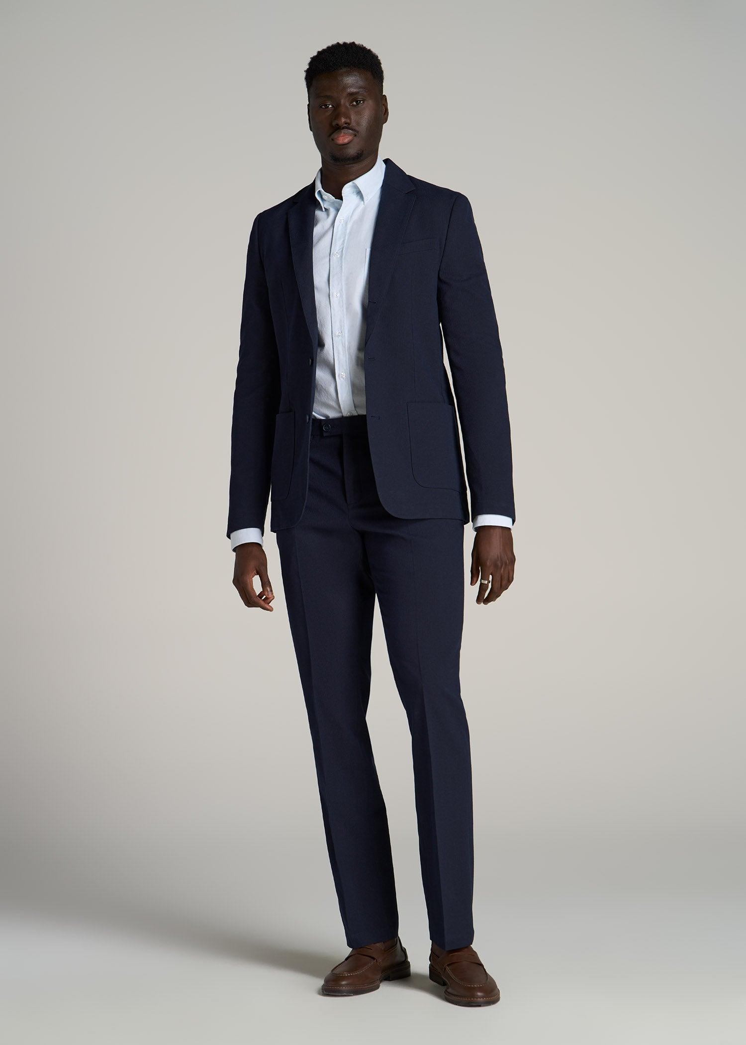 Textured Garment Washed Stretch Cotton Suit Pants for Tall Men in Evening Blue Male Product Image